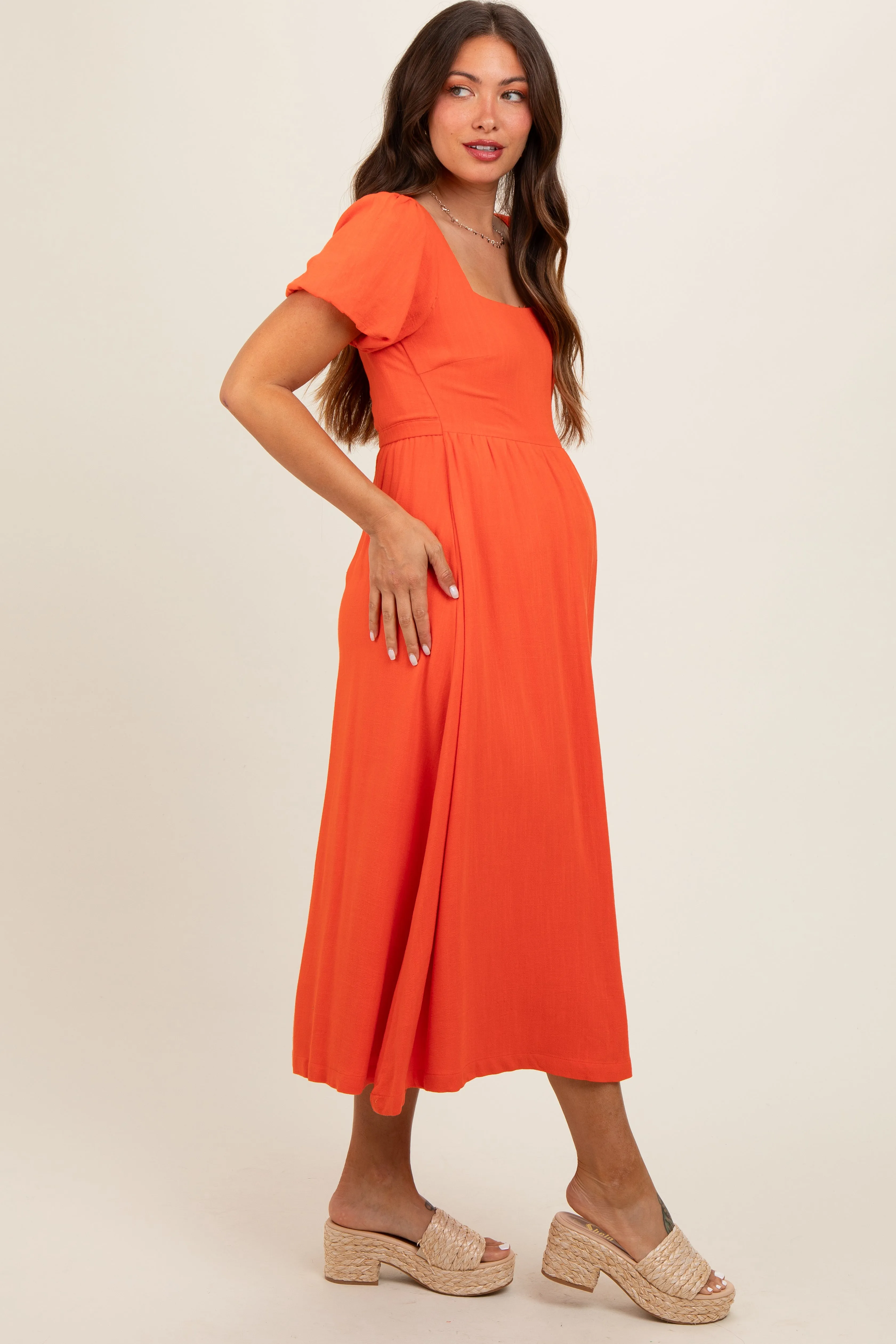 Coral Puff Sleeve Linen Maternity Midi Dress sold by Pinkblush product image thumbnail 3