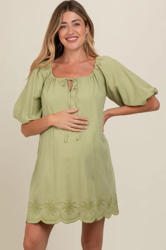 Light Olive Embroidered Puff Sleeve Maternity Dress sold by Pinkblush