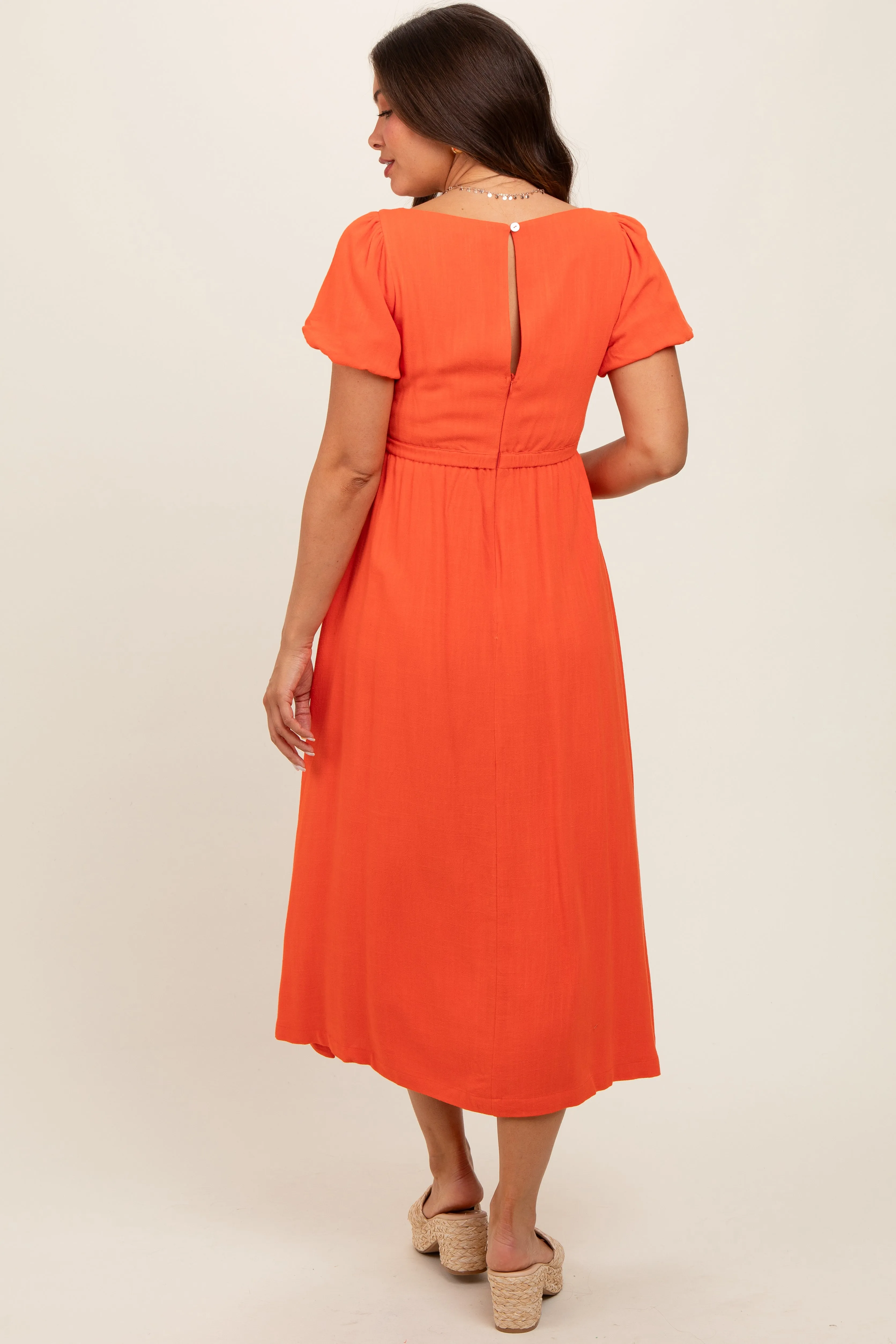 Coral Puff Sleeve Linen Maternity Midi Dress sold by Pinkblush product image thumbnail 4