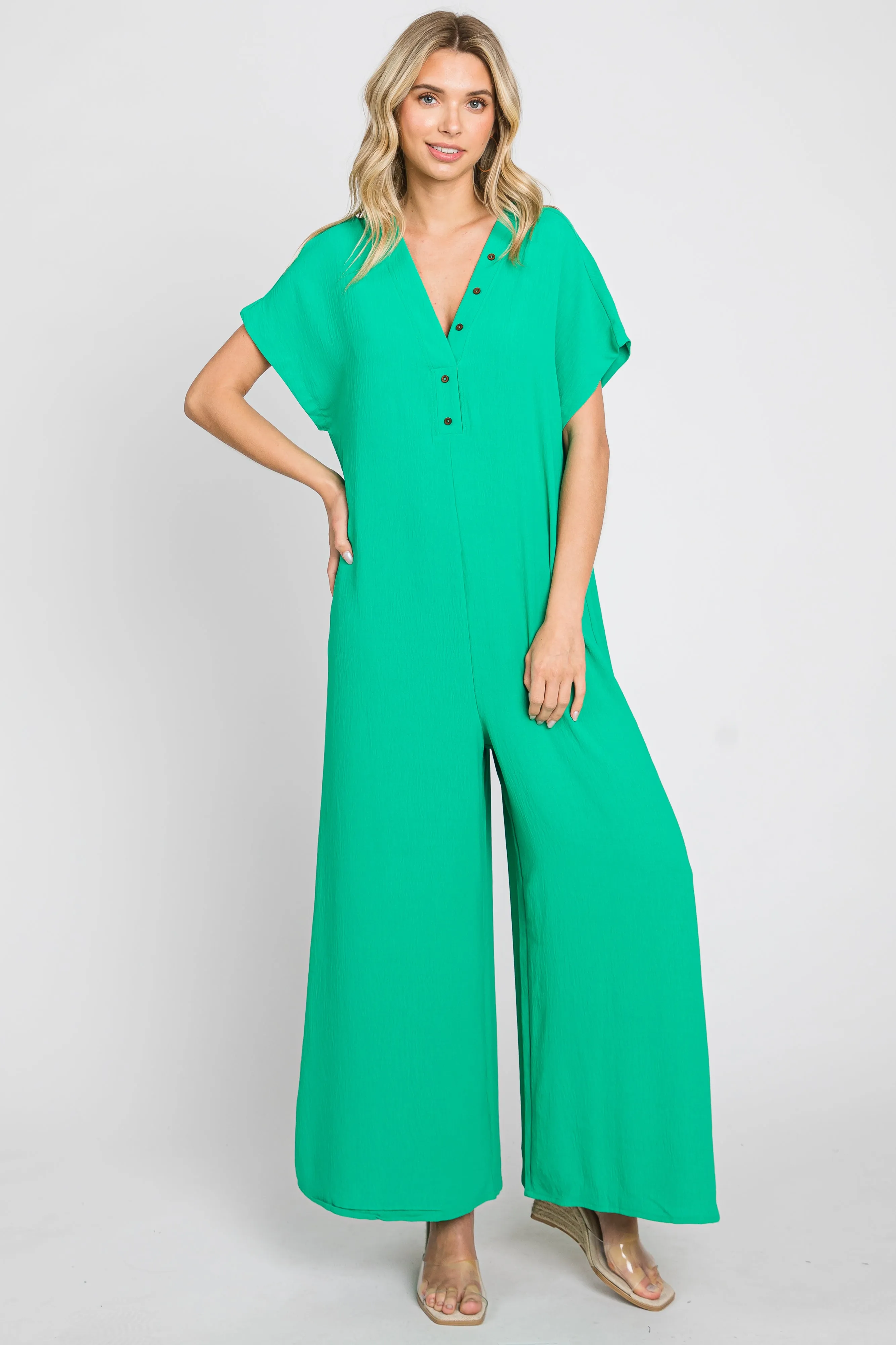 Green Front Button Accent Jumpsuit sold by Pinkblush