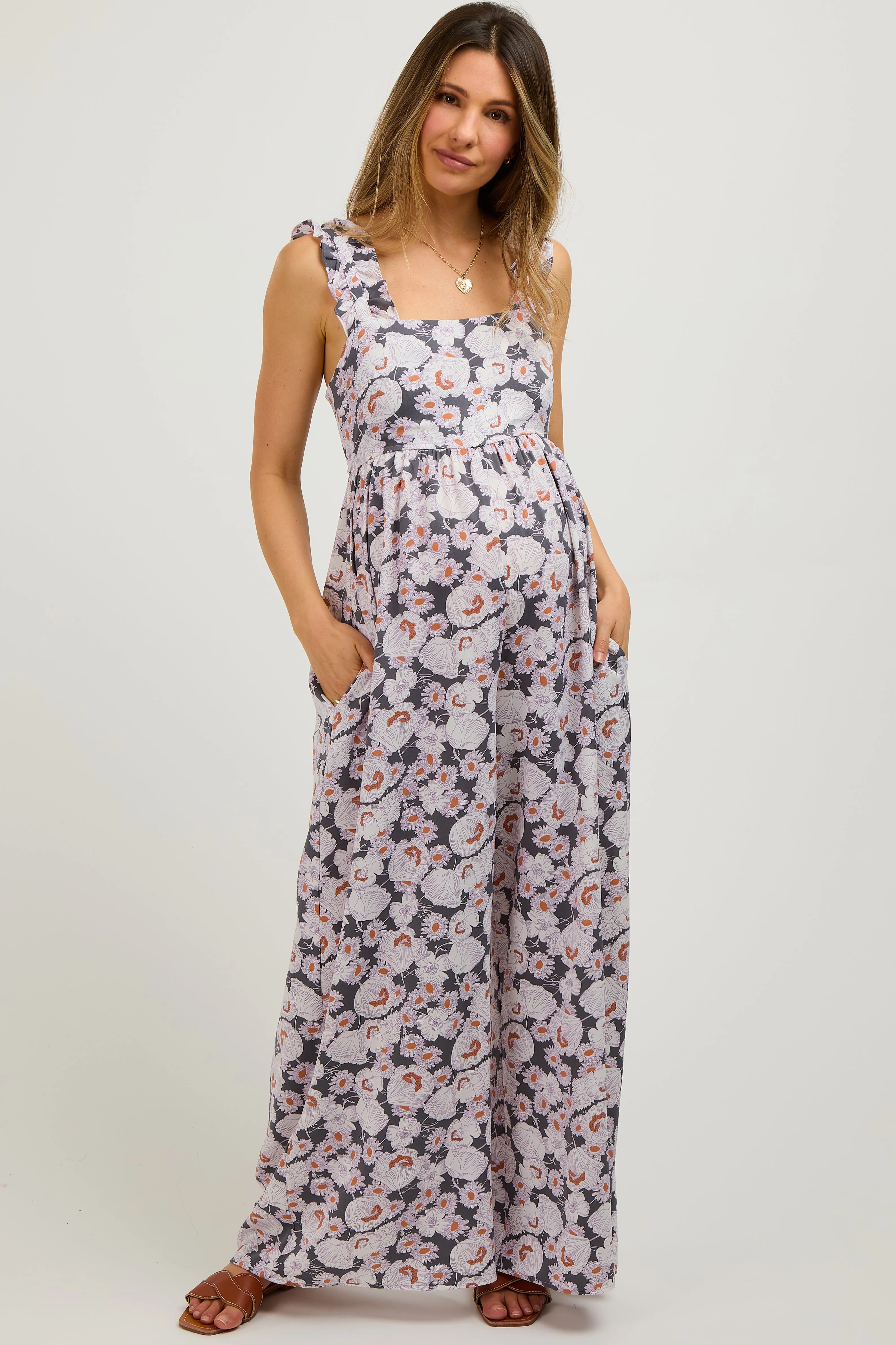 Charcoal Floral Sleeveless Tie Back Maternity Jumpsuit sold by Pinkblush