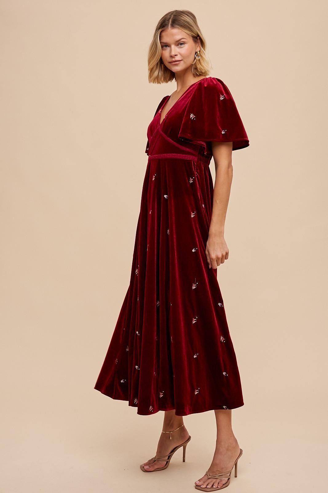 Burgundy All Over Floral Embroidered Velvet Maxi Dress sold by Pinkblush product image thumbnail 3