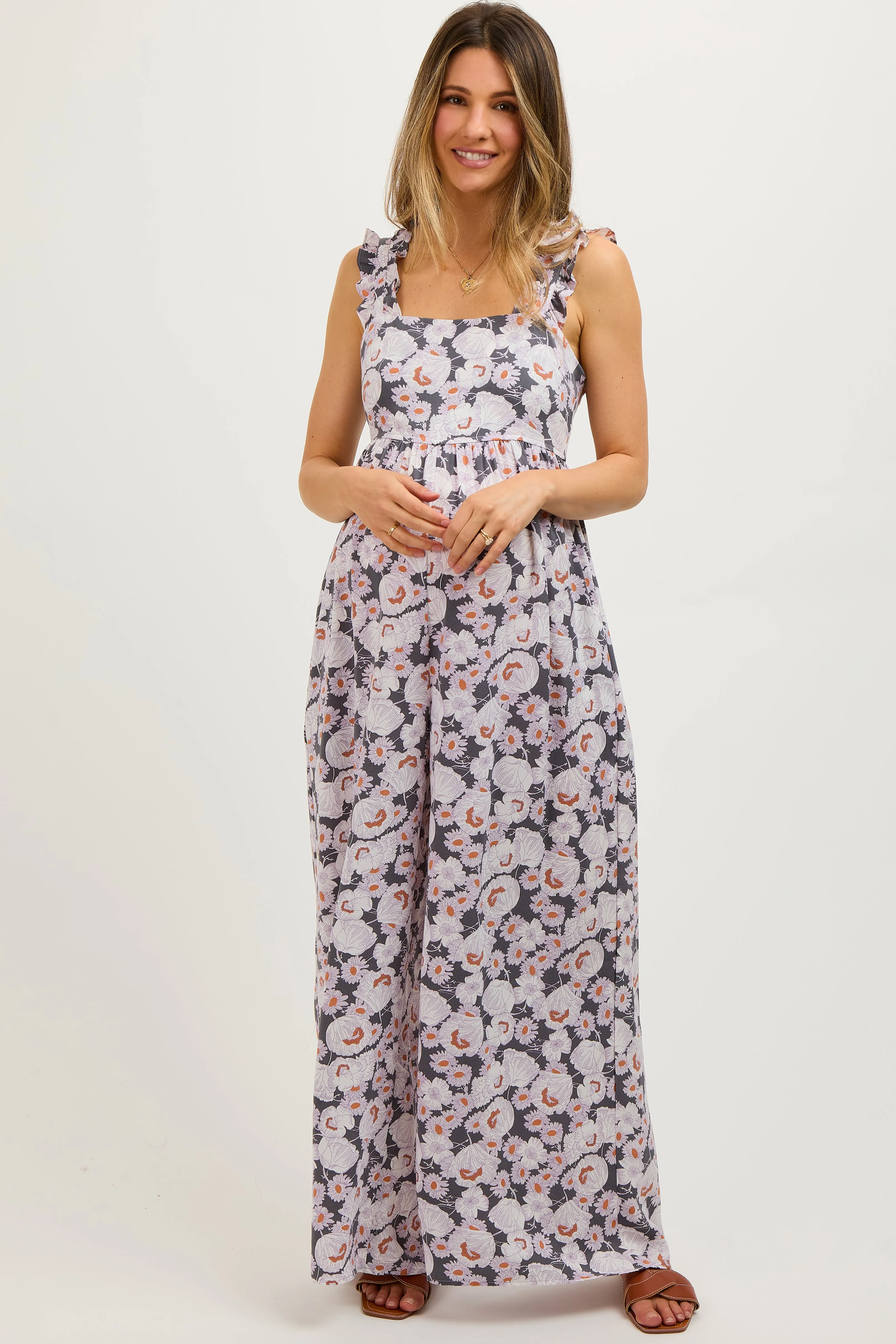Charcoal Floral Sleeveless Tie Back Maternity Jumpsuit sold by Pinkblush product image thumbnail 2