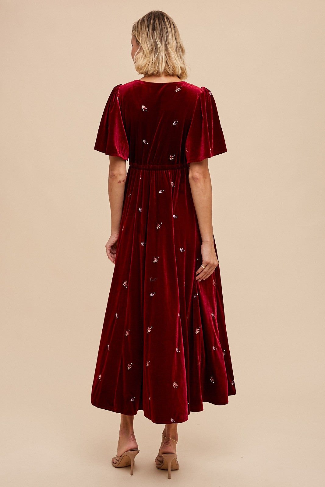 Burgundy All Over Floral Embroidered Velvet Maxi Dress sold by Pinkblush product image thumbnail 4
