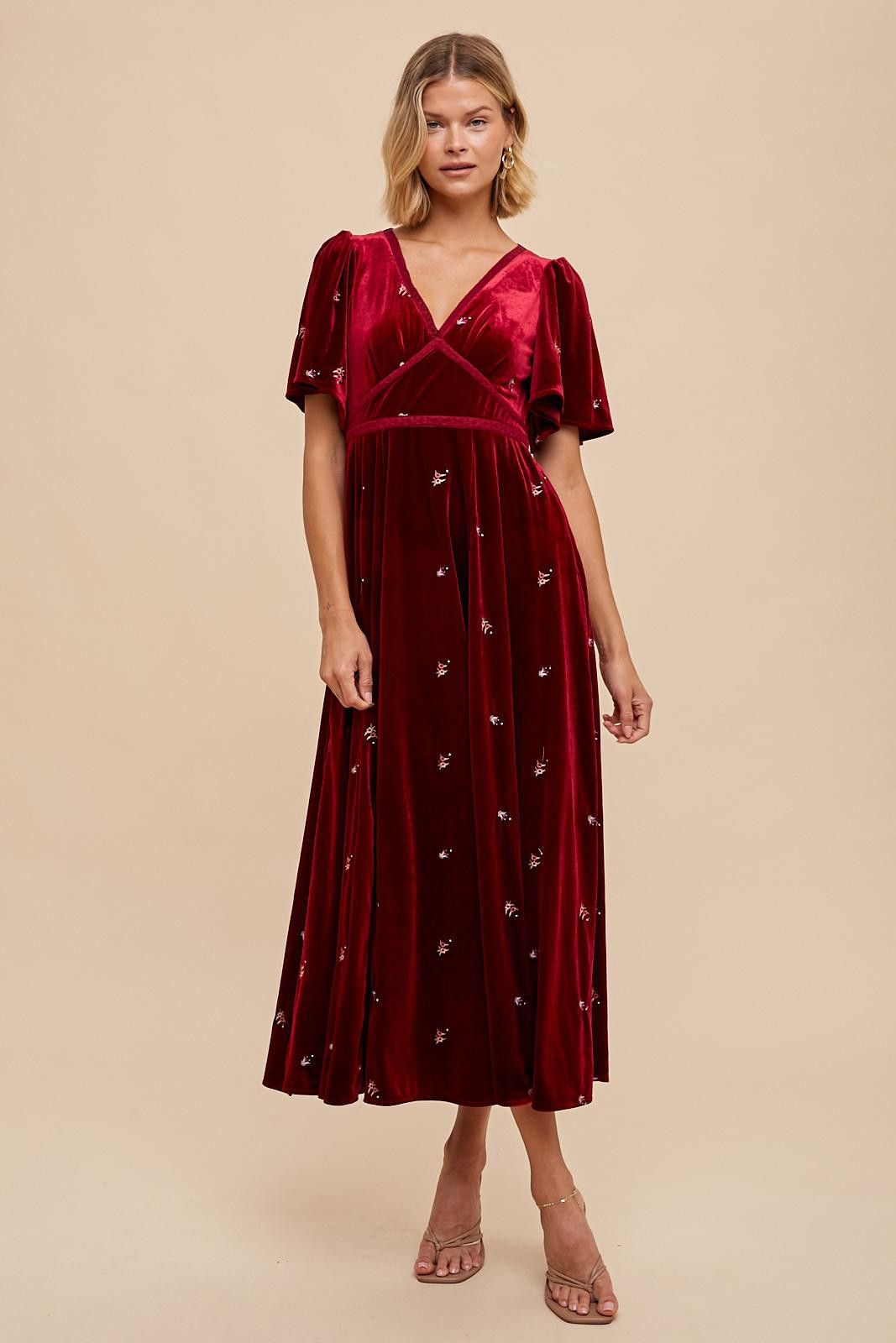 Burgundy All Over Floral Embroidered Velvet Maxi Dress sold by Pinkblush