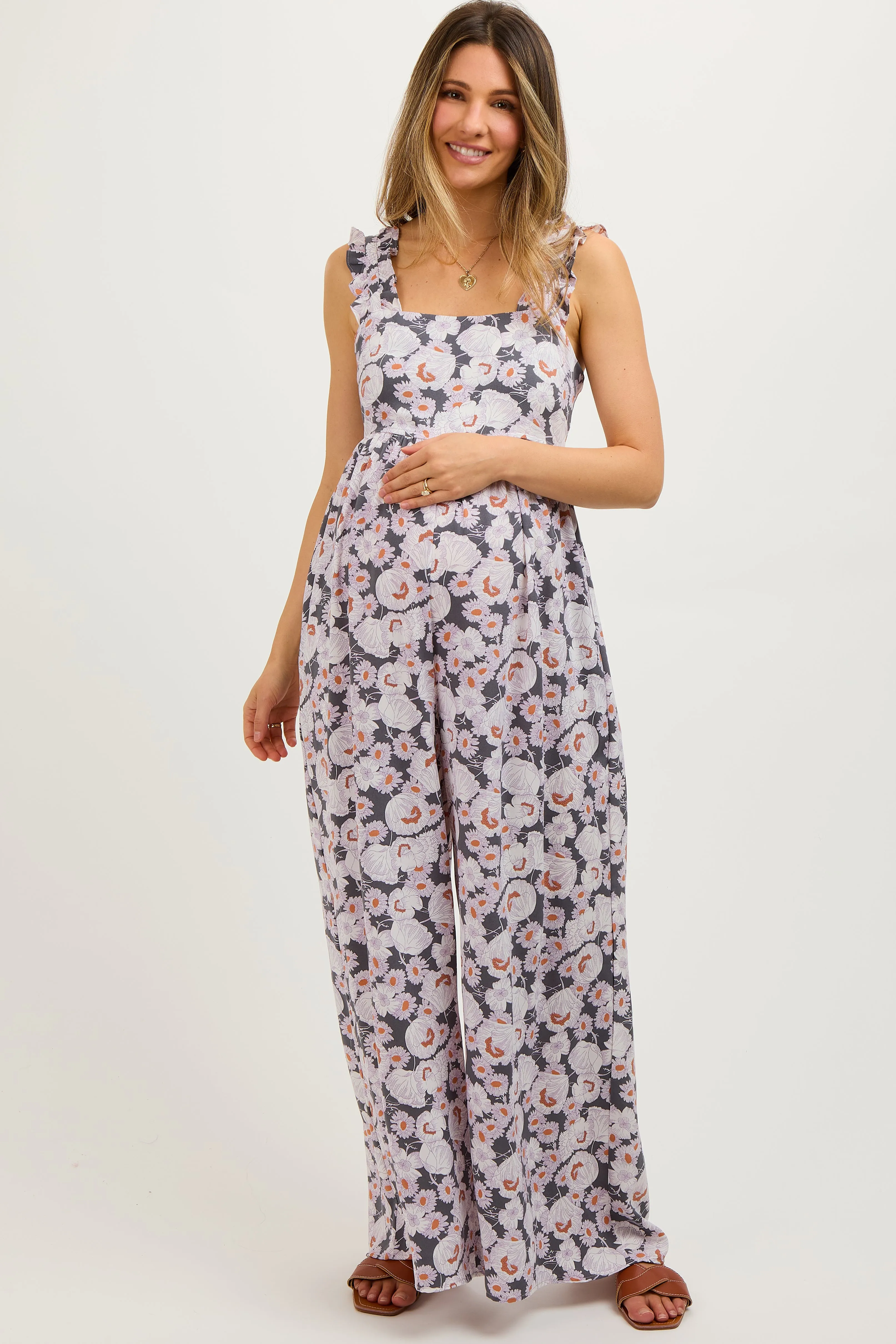 Charcoal Floral Sleeveless Tie Back Maternity Jumpsuit sold by Pinkblush product image thumbnail 3