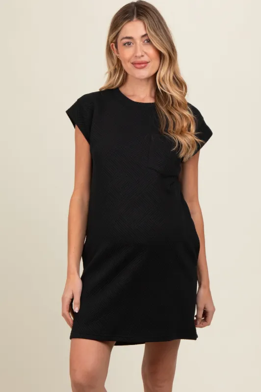 Black Front Pocket Line Textured Short Sleeve Maternity Dress sold by Pinkblush