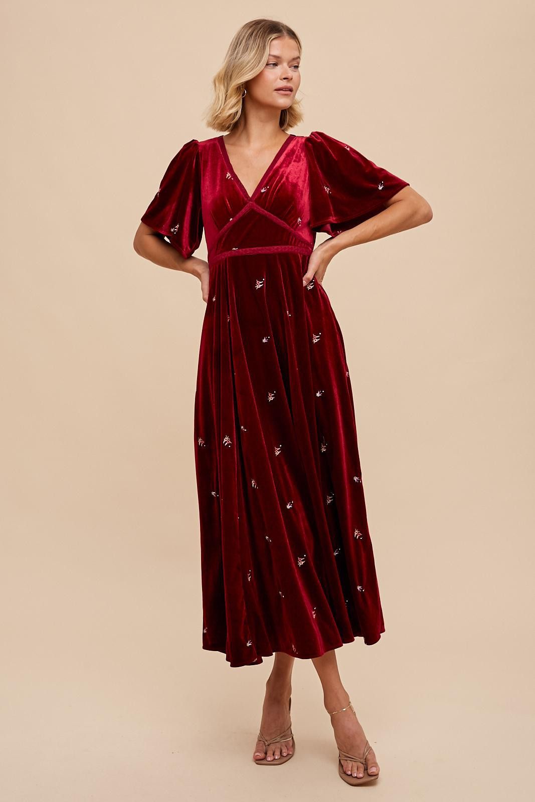 Burgundy All Over Floral Embroidered Velvet Maxi Dress sold by Pinkblush product image thumbnail 2