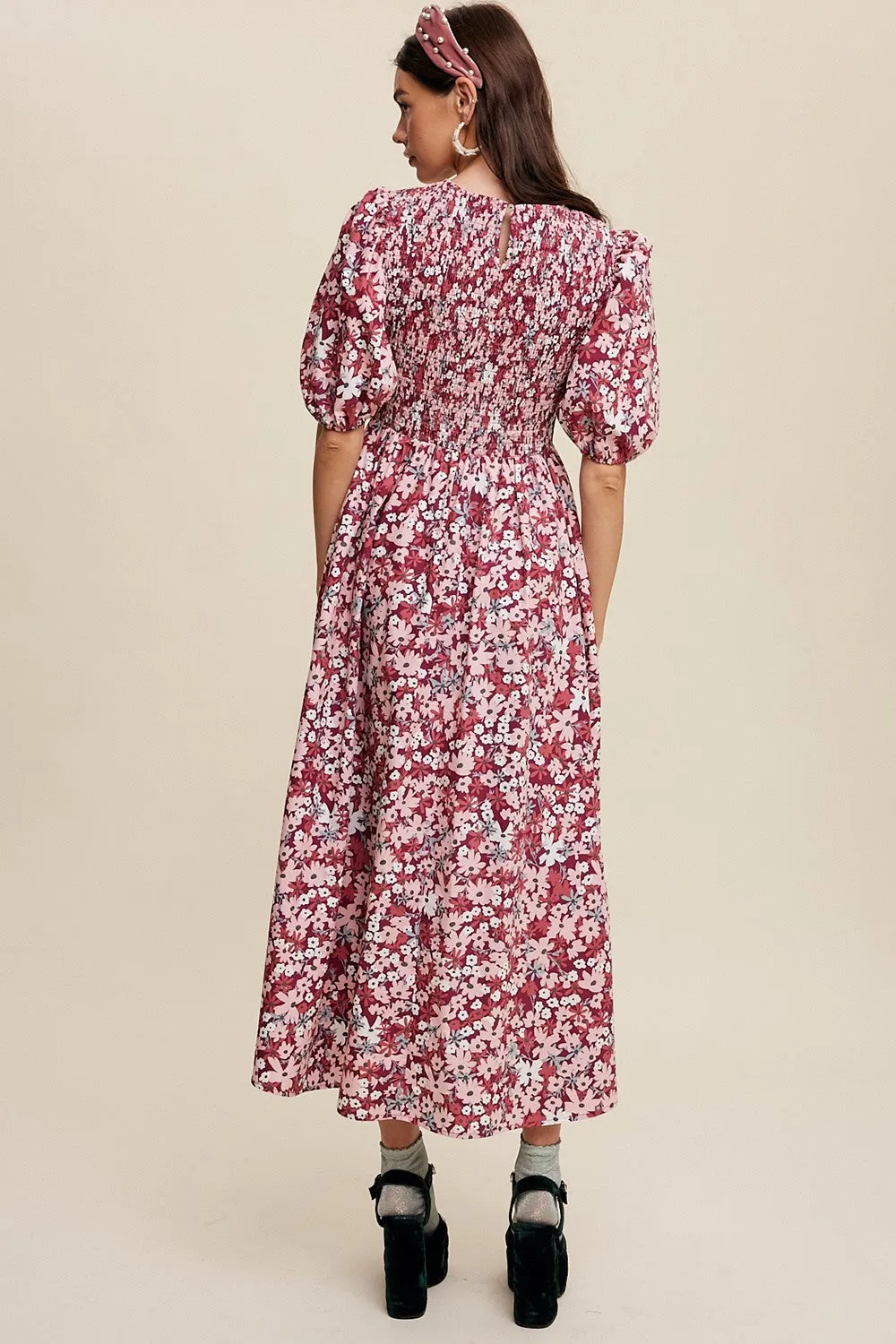 Magenta Flower Print Smocked Poplin Maxi Dress sold by Pinkblush product image thumbnail 3