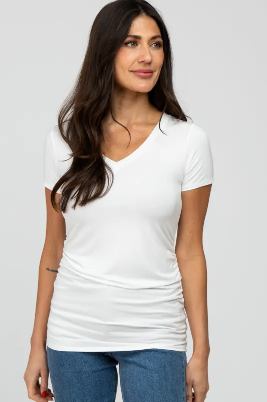 Ivory V-Neck Ruched Side Top sold by Pinkblush