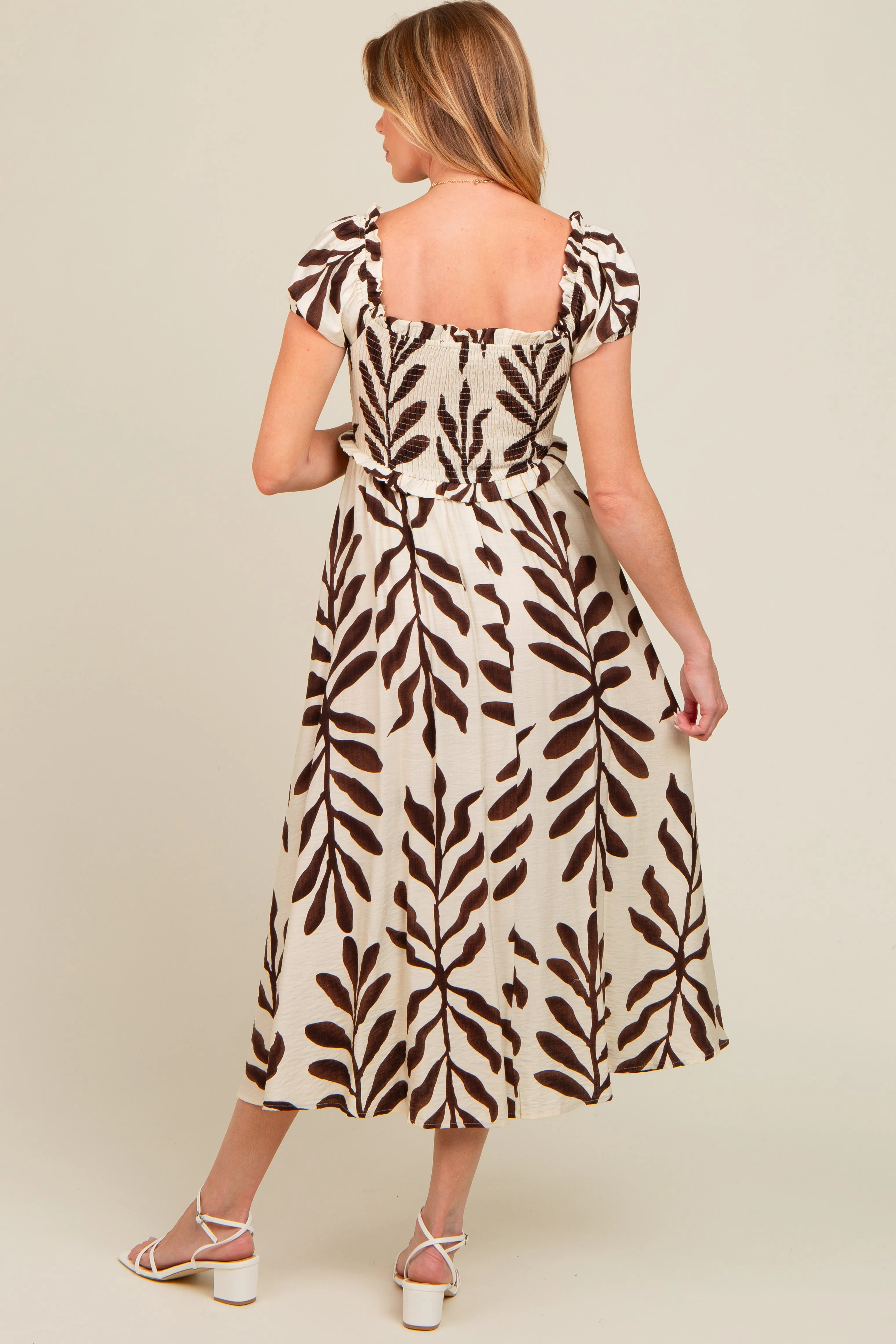 Brown Leaf Print Off Shoulder Smocked Maternity Midi Dress sold by Pinkblush product image thumbnail 3