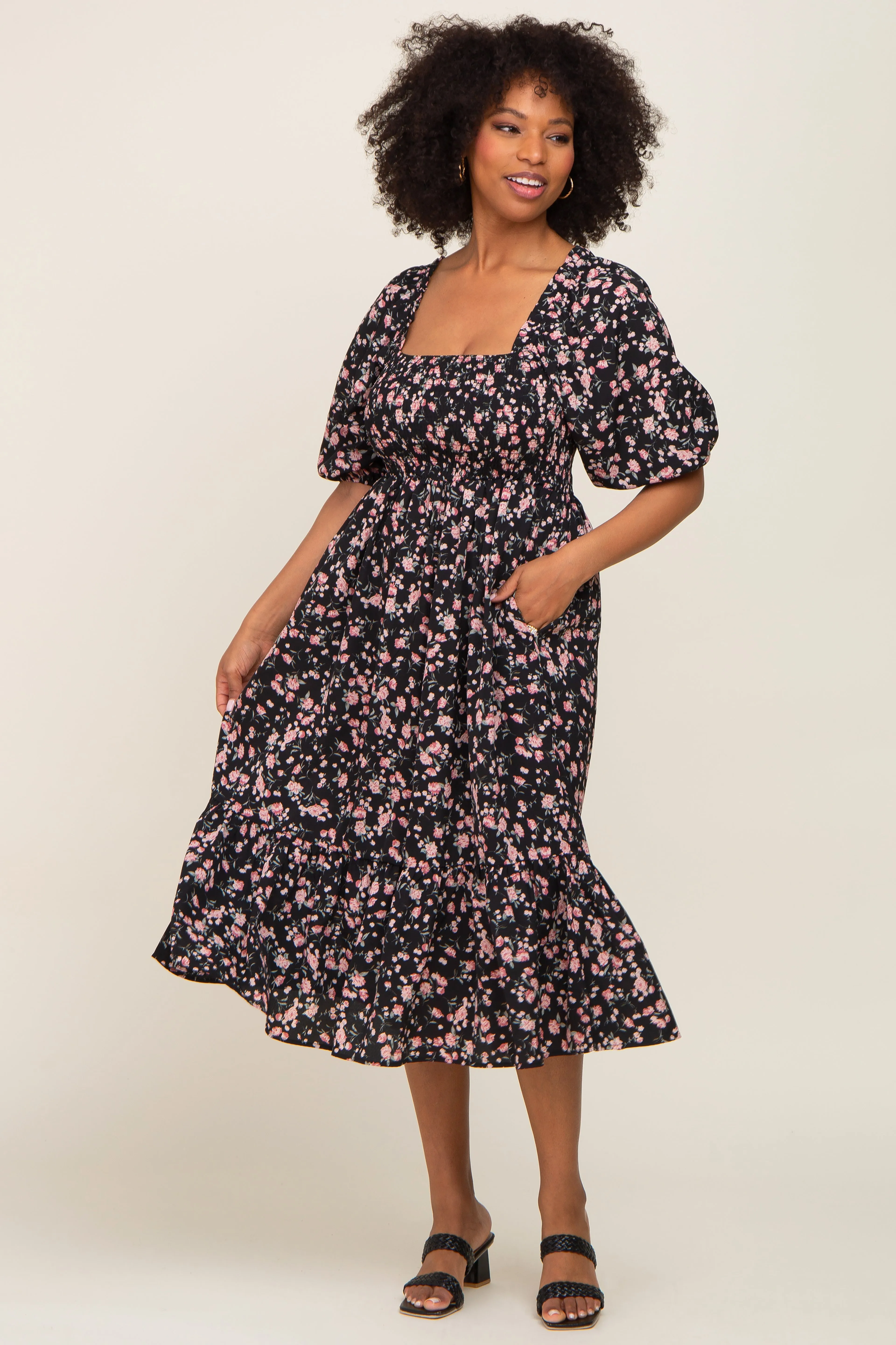 Black Floral Smocked Maternity Midi Dress sold by Pinkblush product image thumbnail 5