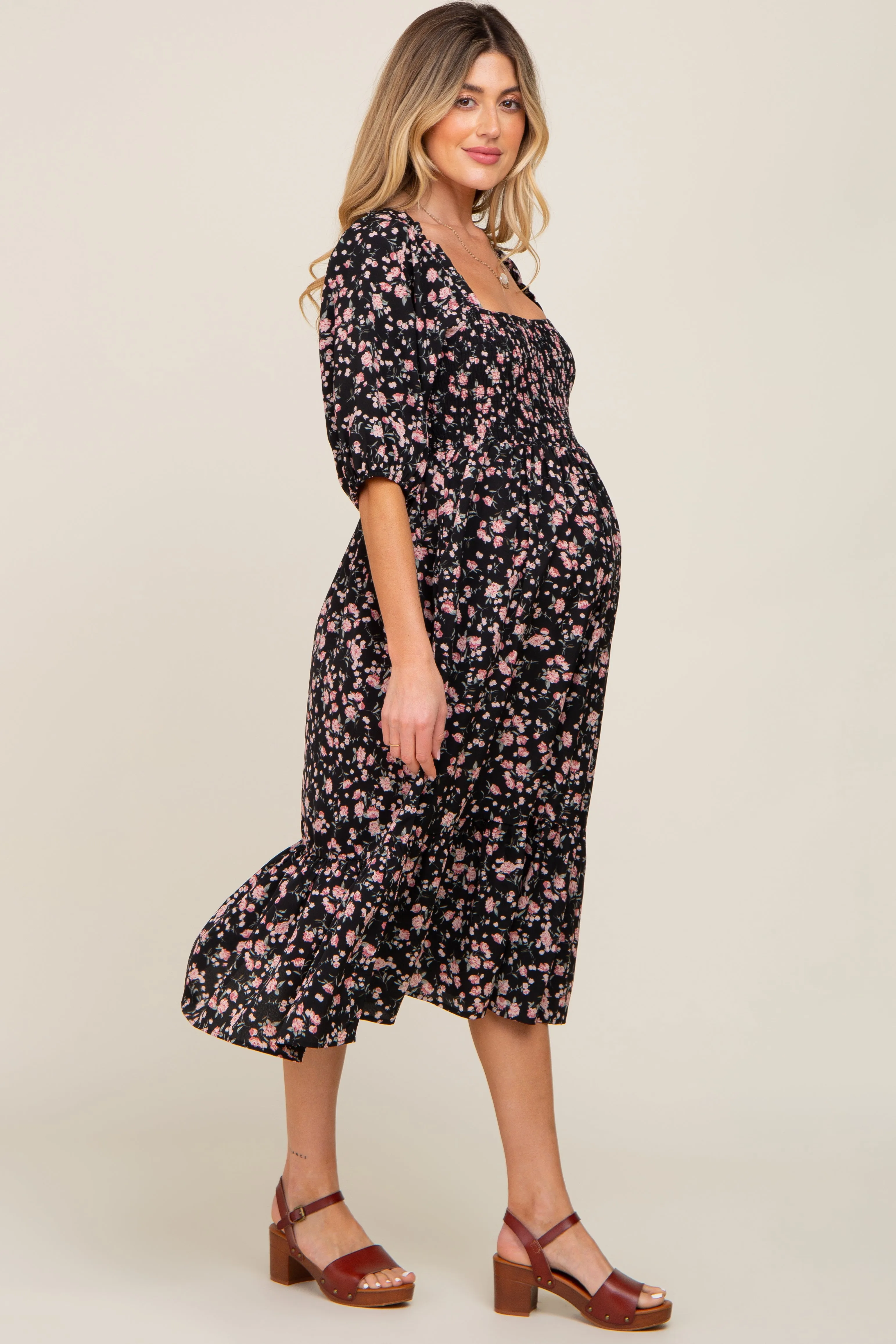 Black Floral Smocked Maternity Midi Dress sold by Pinkblush product image thumbnail 2