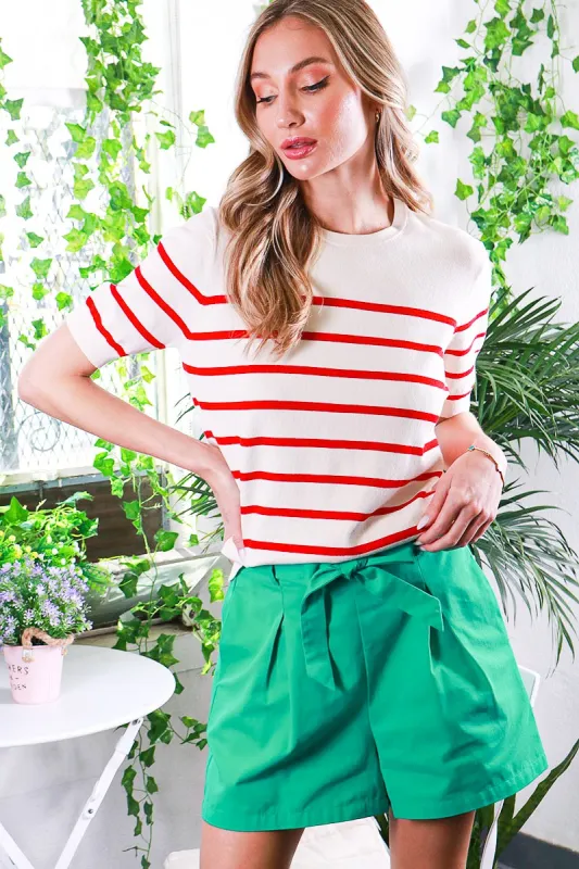 Red Striped Knit Short Sleeve Top sold by Pinkblush