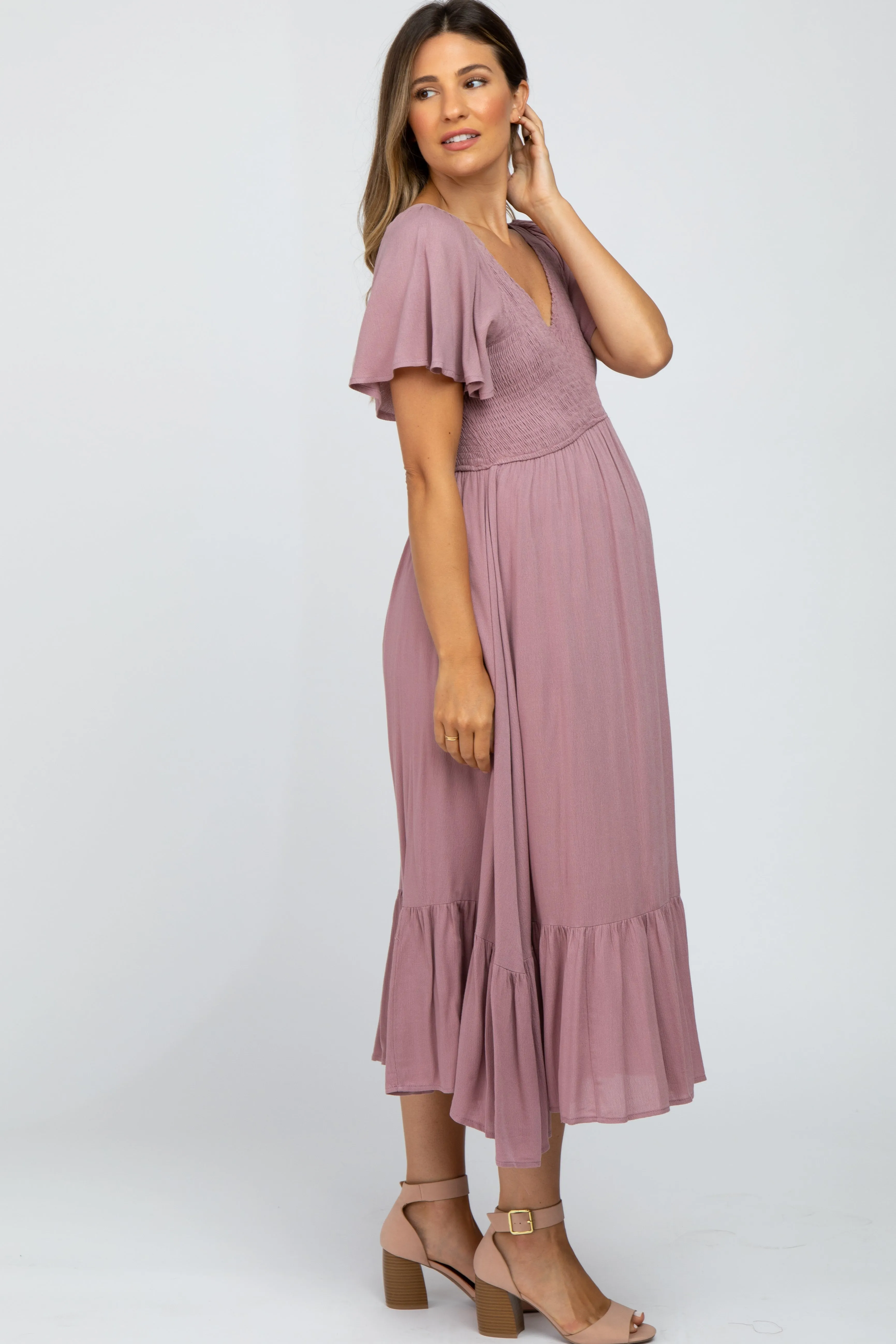 Mauve Smocked V-Neck Maternity Midi Dress sold by Pinkblush product image thumbnail 2