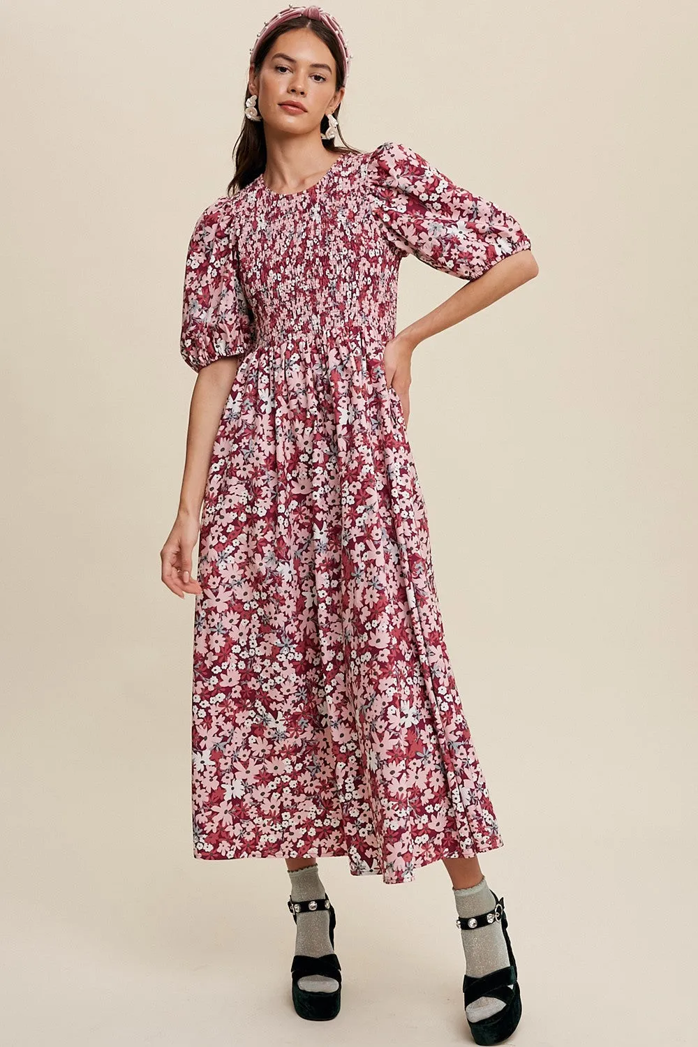 Magenta Flower Print Smocked Poplin Maxi Dress sold by Pinkblush