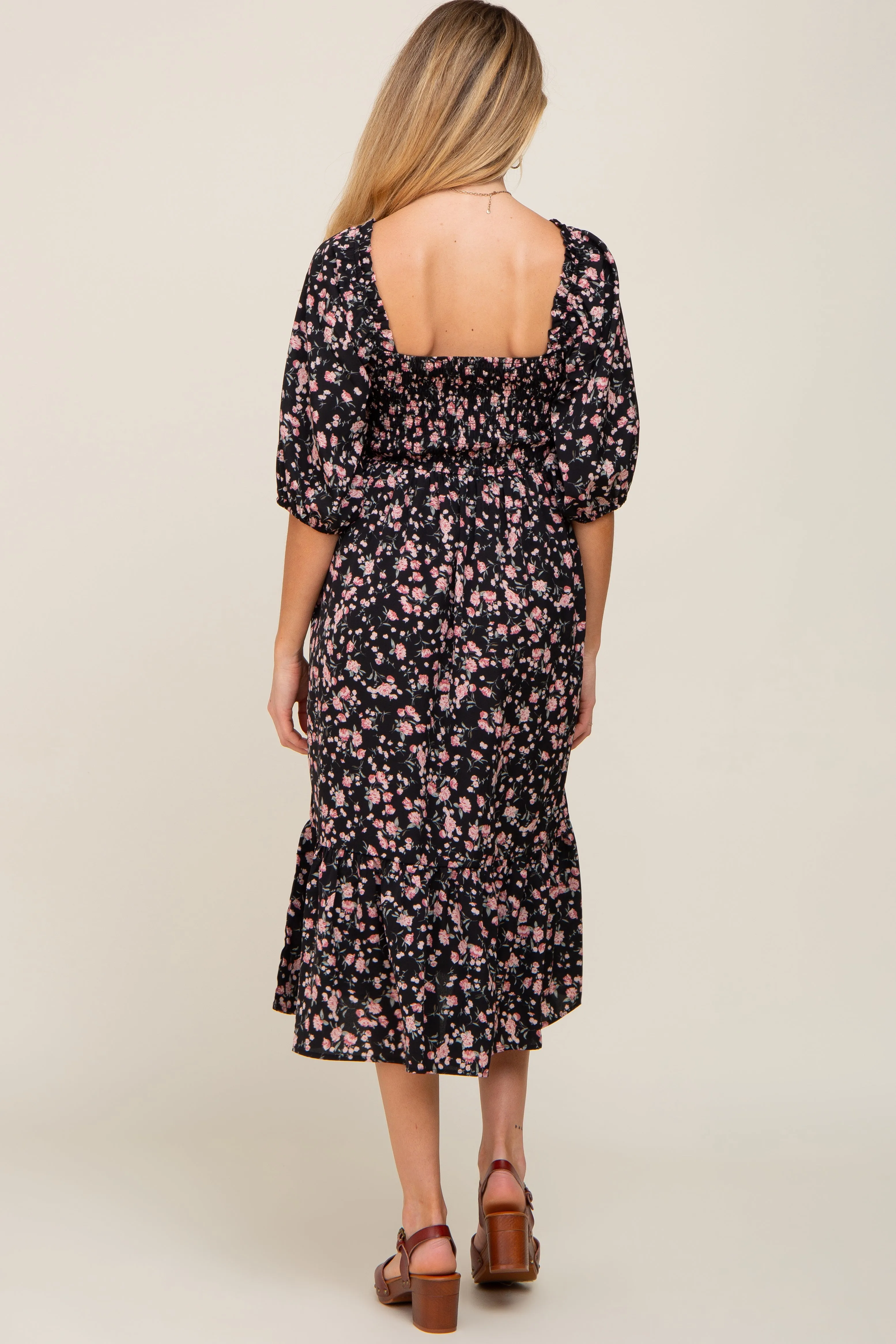 Black Floral Smocked Maternity Midi Dress sold by Pinkblush product image thumbnail 3