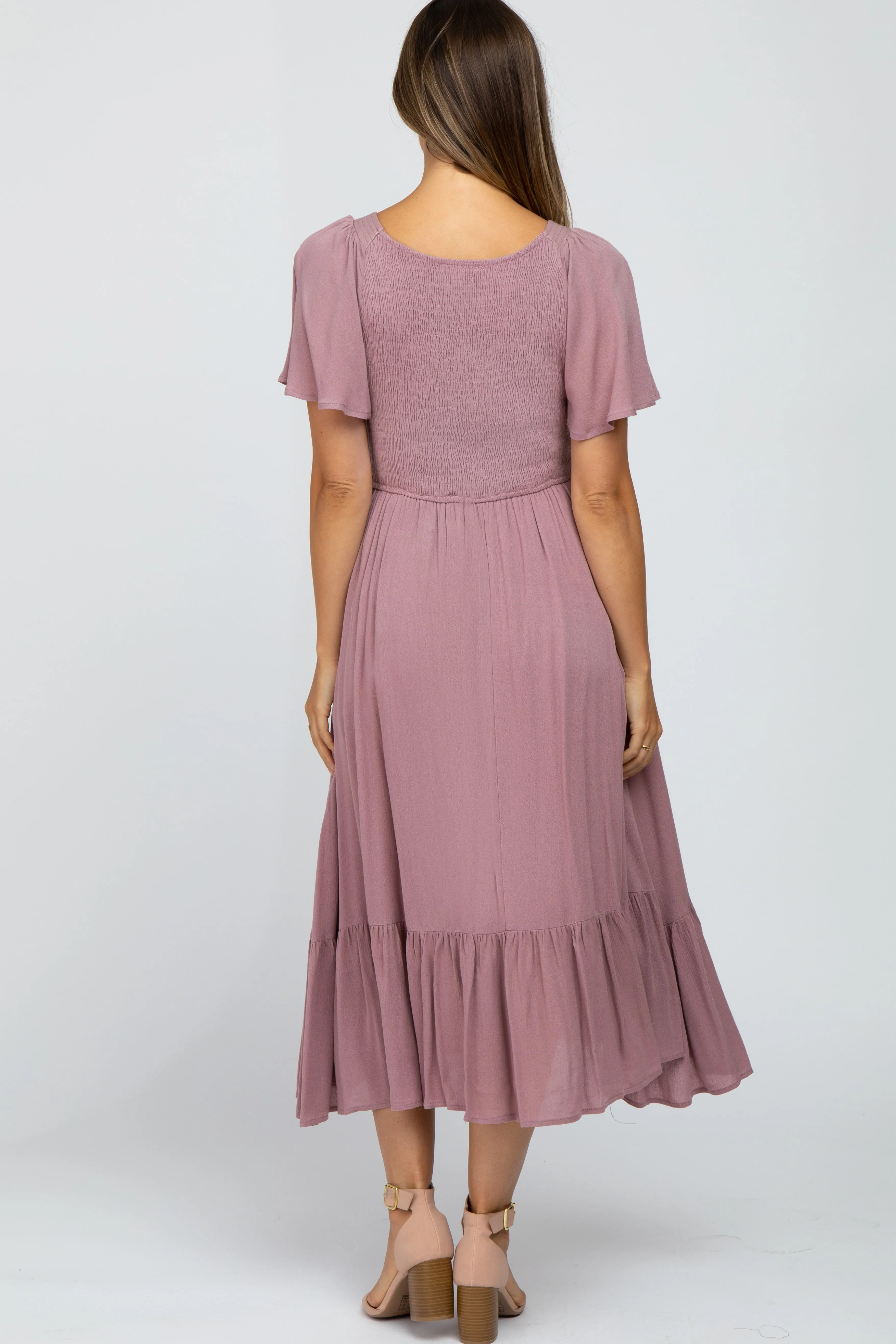 Mauve Smocked V-Neck Maternity Midi Dress sold by Pinkblush product image thumbnail 3