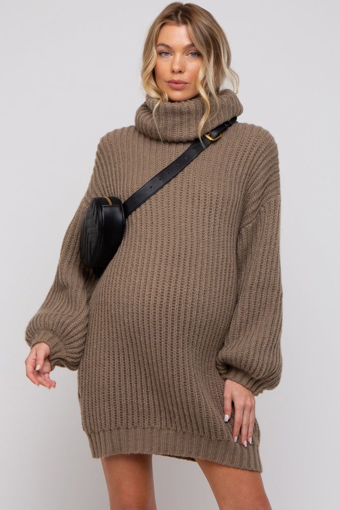 Mocha Turtleneck Puff Sleeve Maternity Sweater Dress sold by Pinkblush product image thumbnail 2