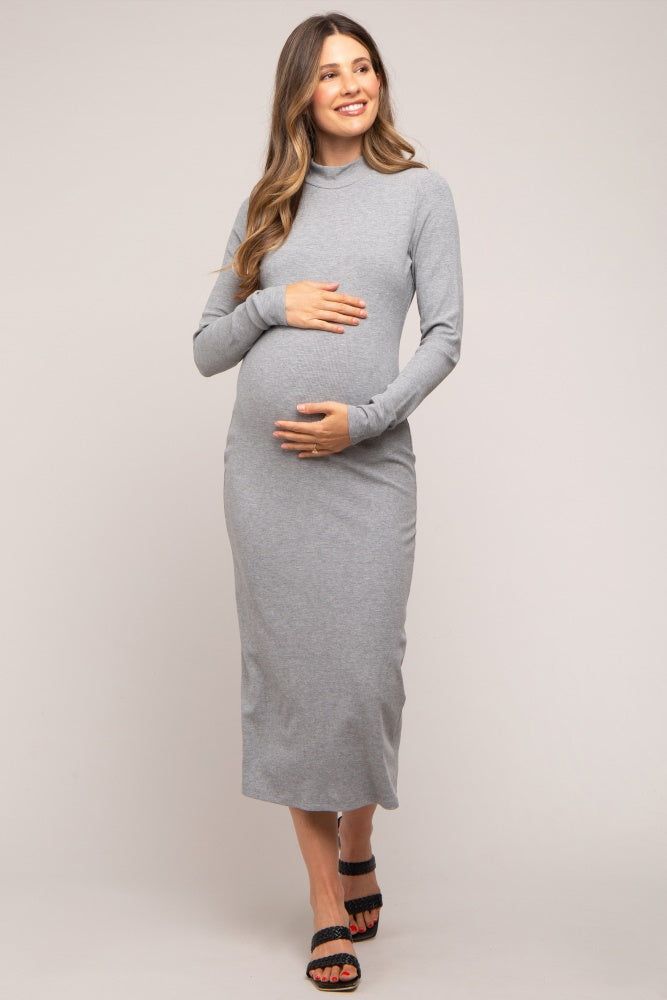 Heather Grey Ribbed Mock Neck Maternity Midi Dress sold by Pinkblush product image thumbnail 2