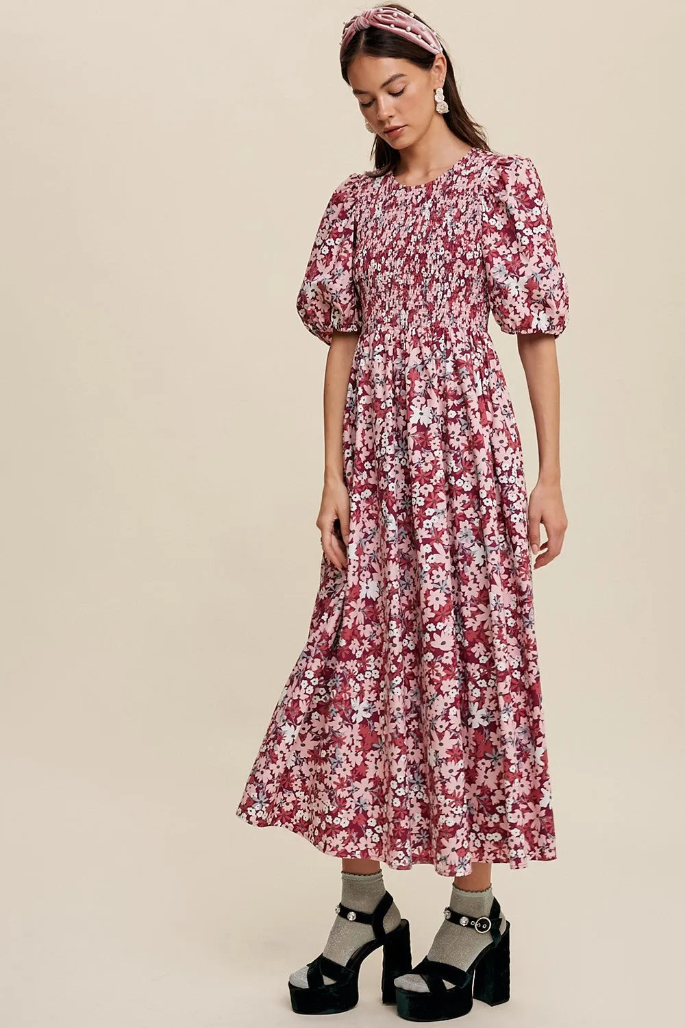 Magenta Flower Print Smocked Poplin Maxi Dress sold by Pinkblush product image thumbnail 2