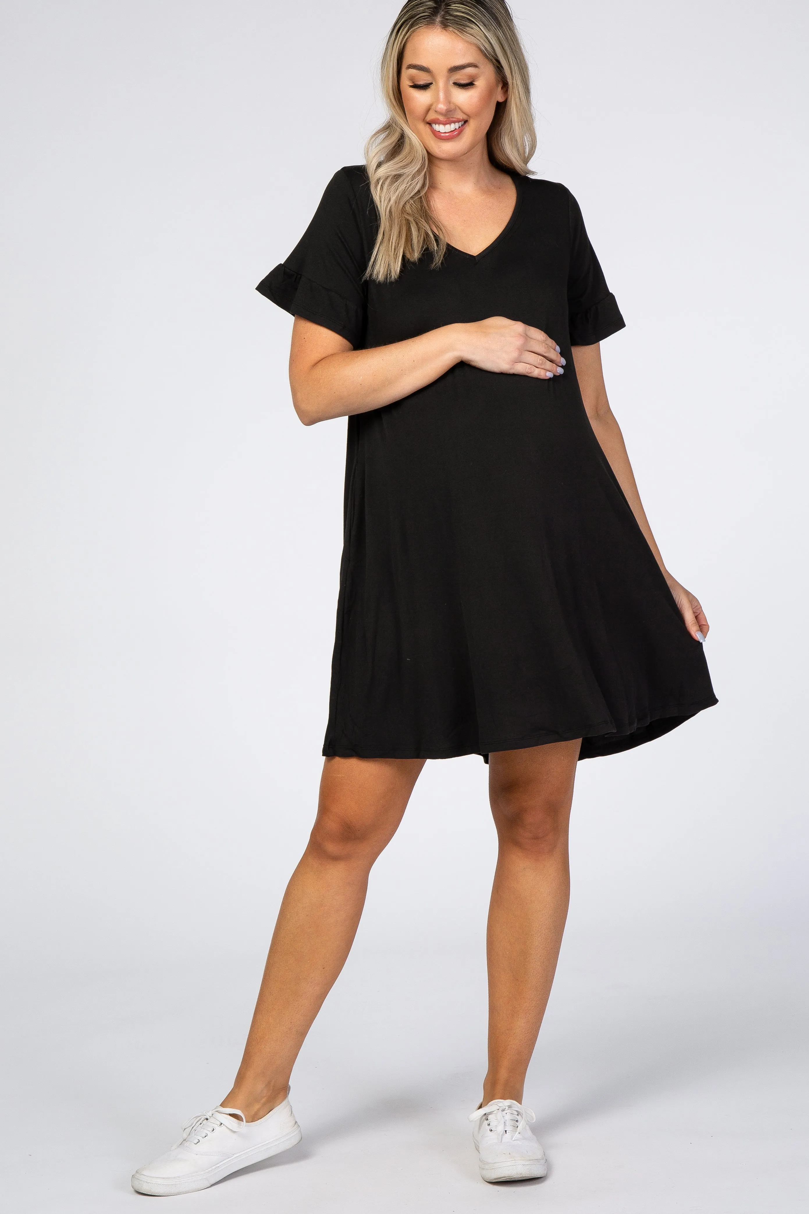 Black Ruffle Sleeve Swing Maternity Dress sold by Pinkblush