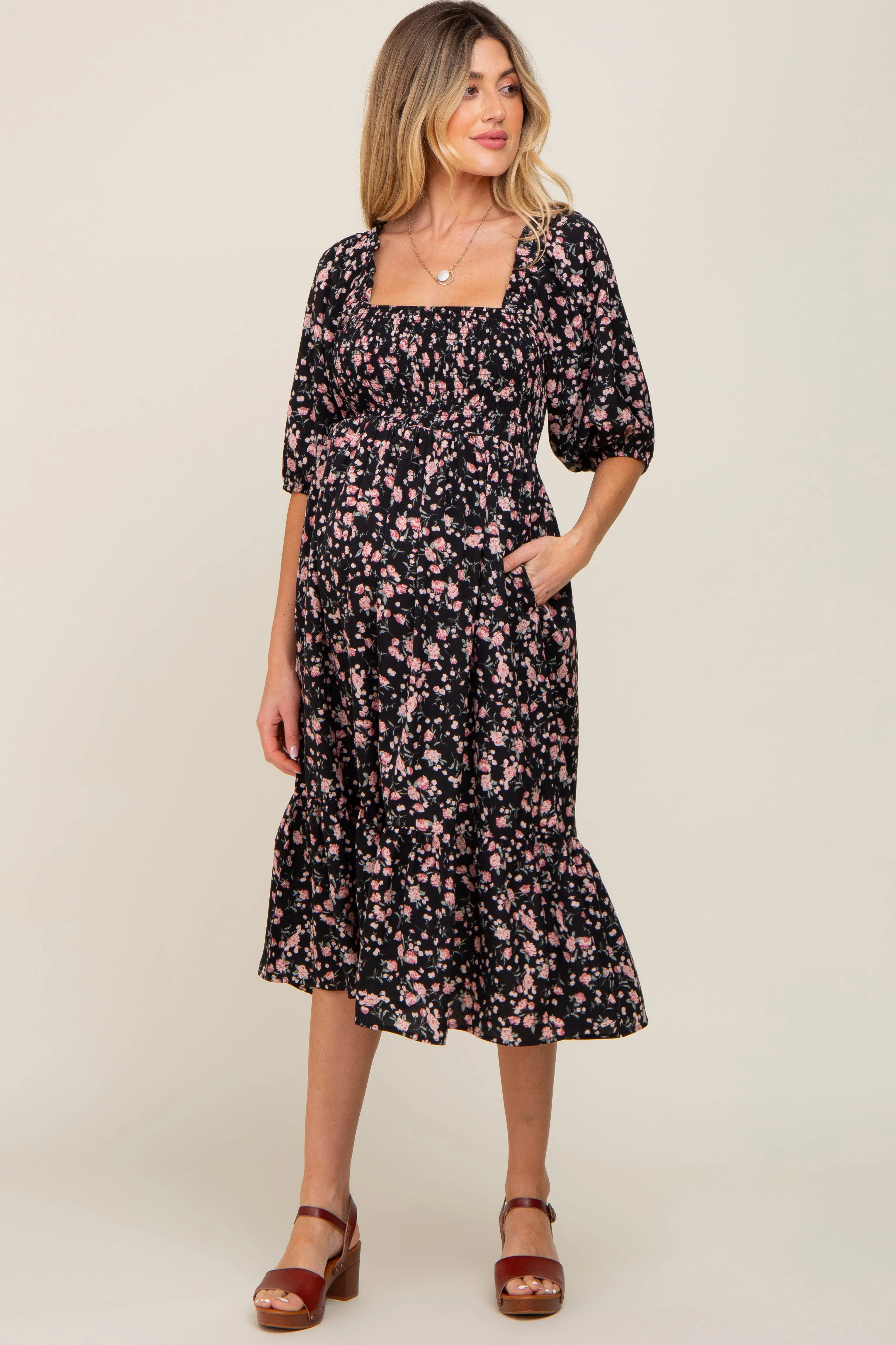 Black Floral Smocked Maternity Midi Dress sold by Pinkblush product image thumbnail 4