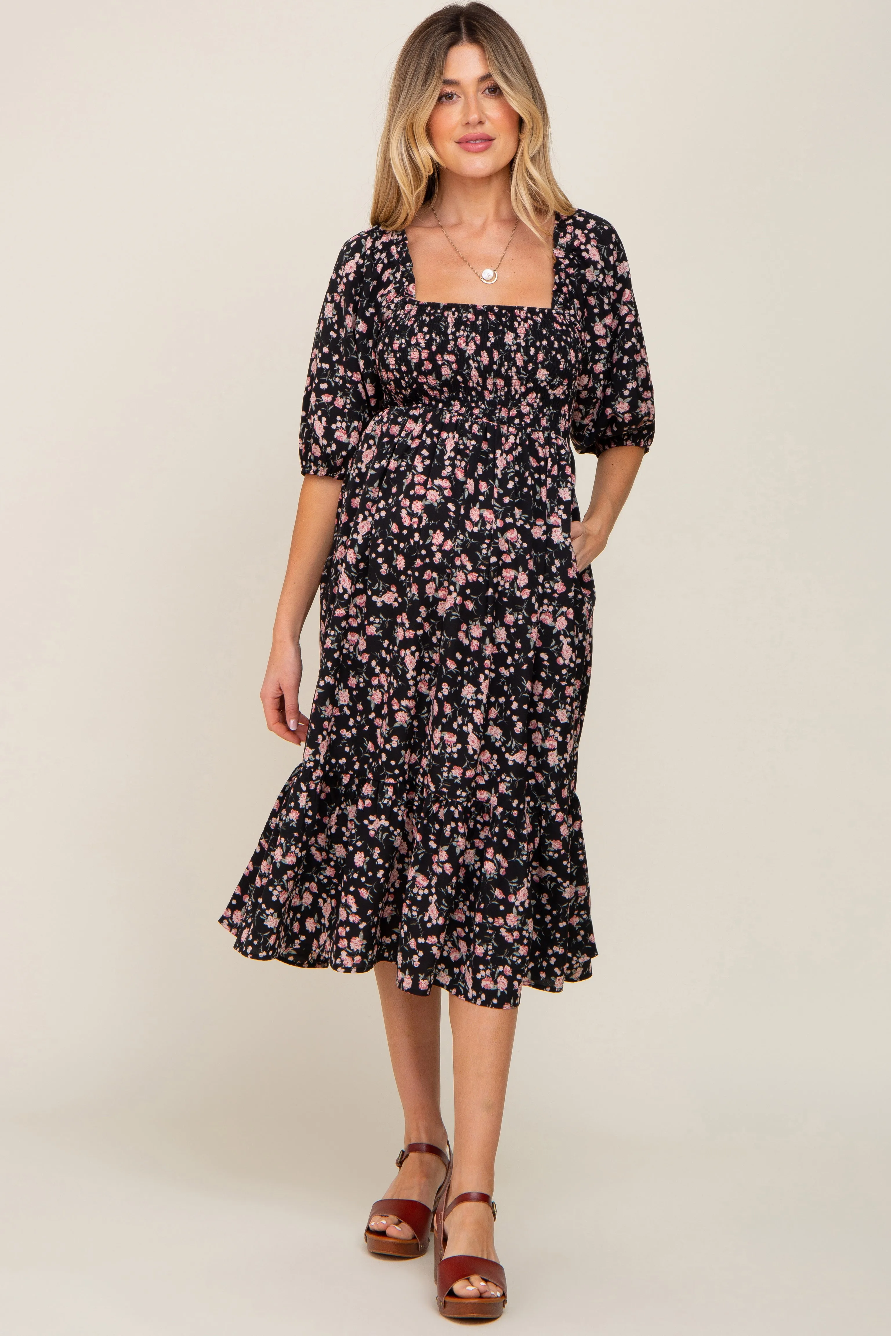 Black Floral Smocked Maternity Midi Dress sold by Pinkblush