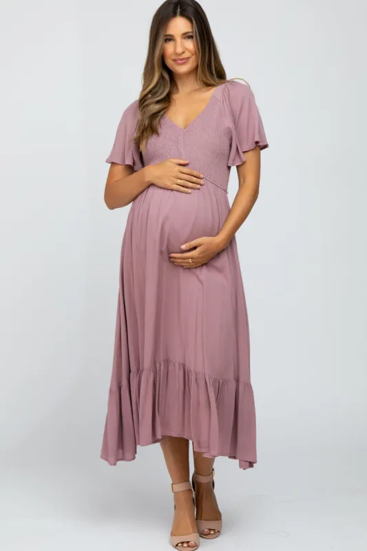 Mauve Smocked V-Neck Maternity Midi Dress sold by Pinkblush