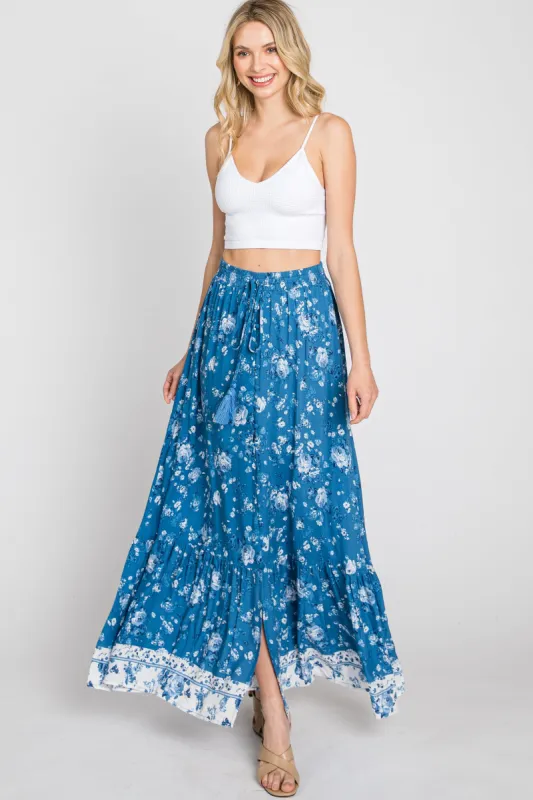 Blue Floral Button Front Maxi Skirt sold by Pinkblush