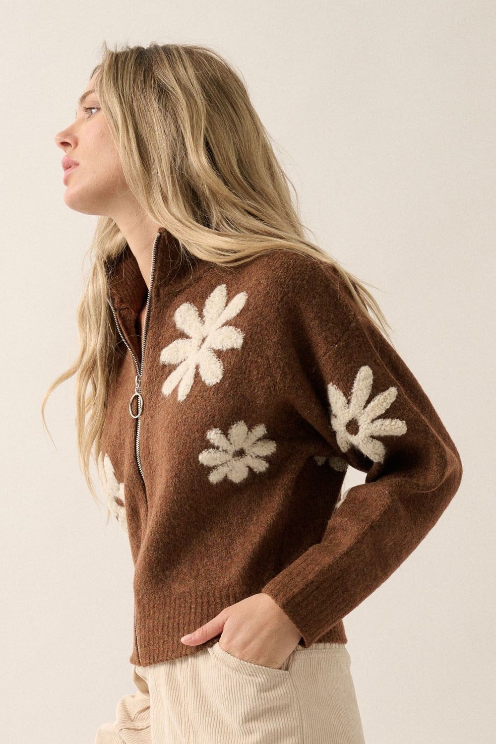 Brown Floral Collar Zip Up Front Sweater Jacket sold by Pinkblush product image thumbnail 2