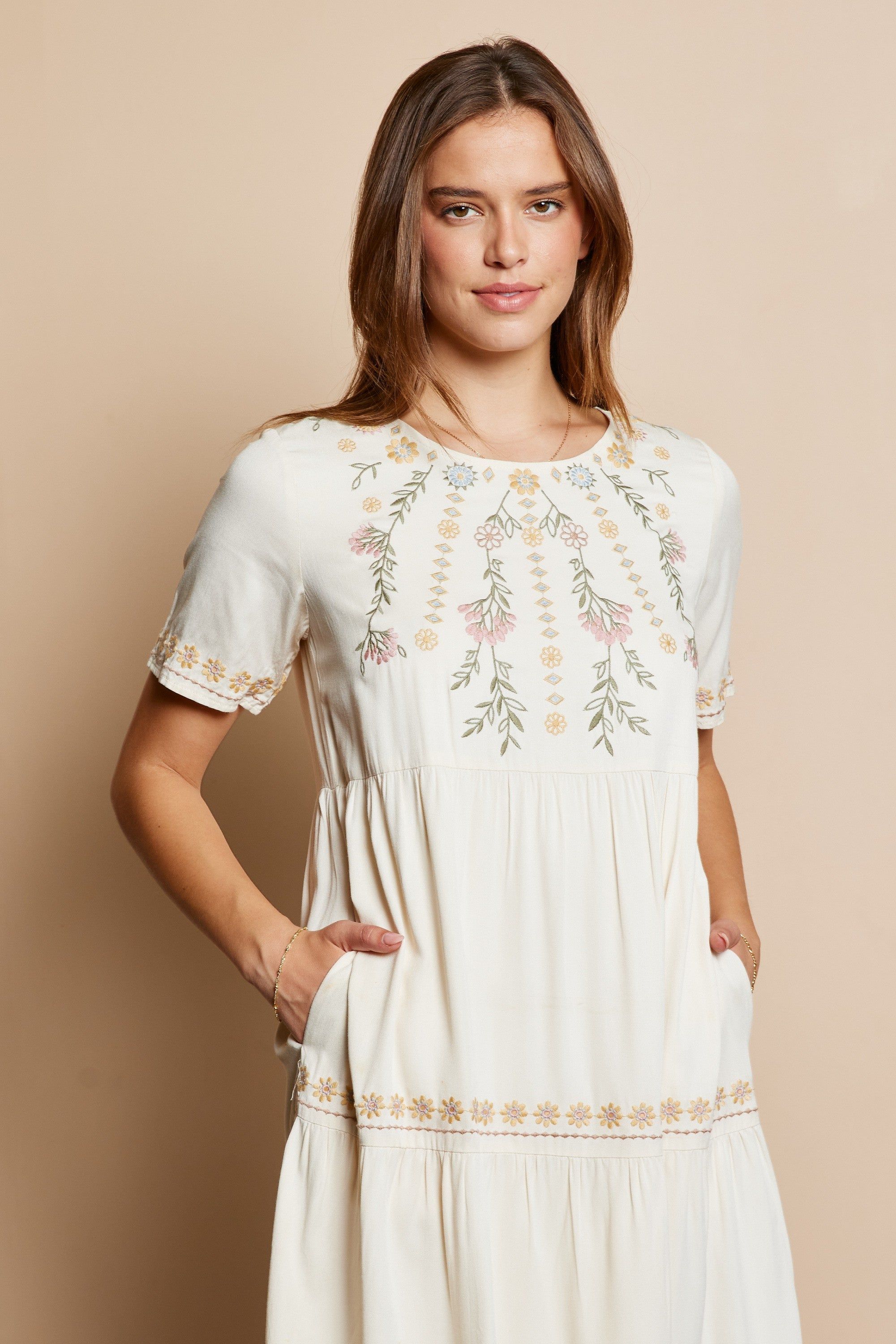 Cream Embroidered Tier Midi Dress sold by Pinkblush product image thumbnail 2