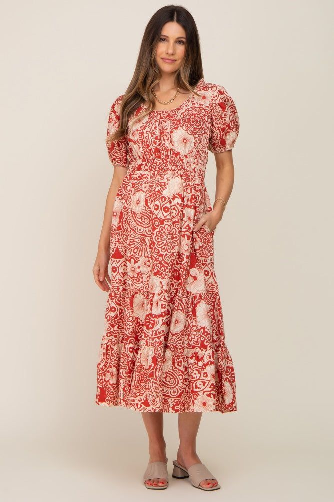 Rust Floral Tiered Maternity Midi Dress sold by Pinkblush product image thumbnail 6