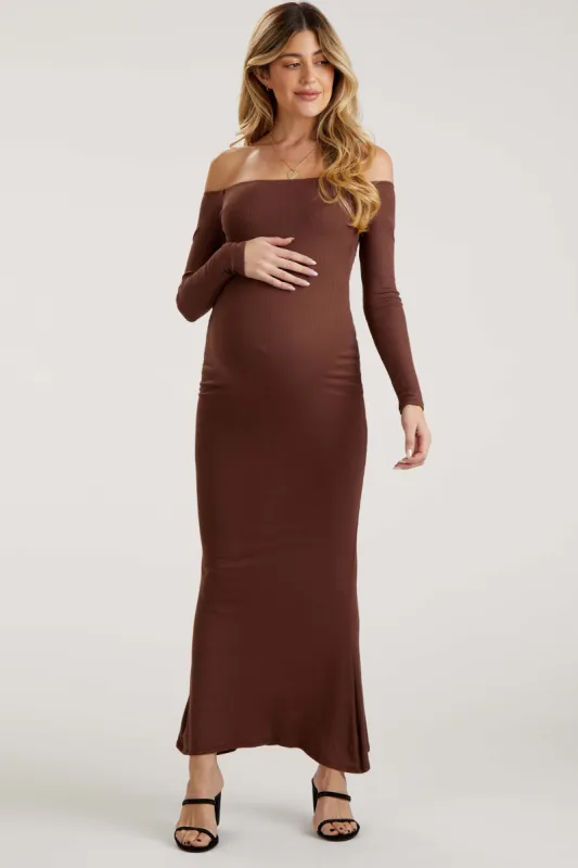 Brown Ribbed Off Shoulder Long Sleeve Maternity Maxi Dress sold by Pinkblush