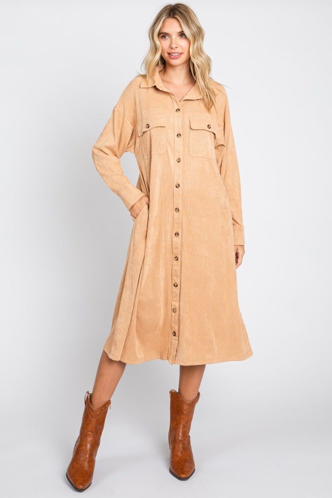 Camel Knit Corduroy Button Down Maternity Midi Dress sold by Pinkblush product image thumbnail 5