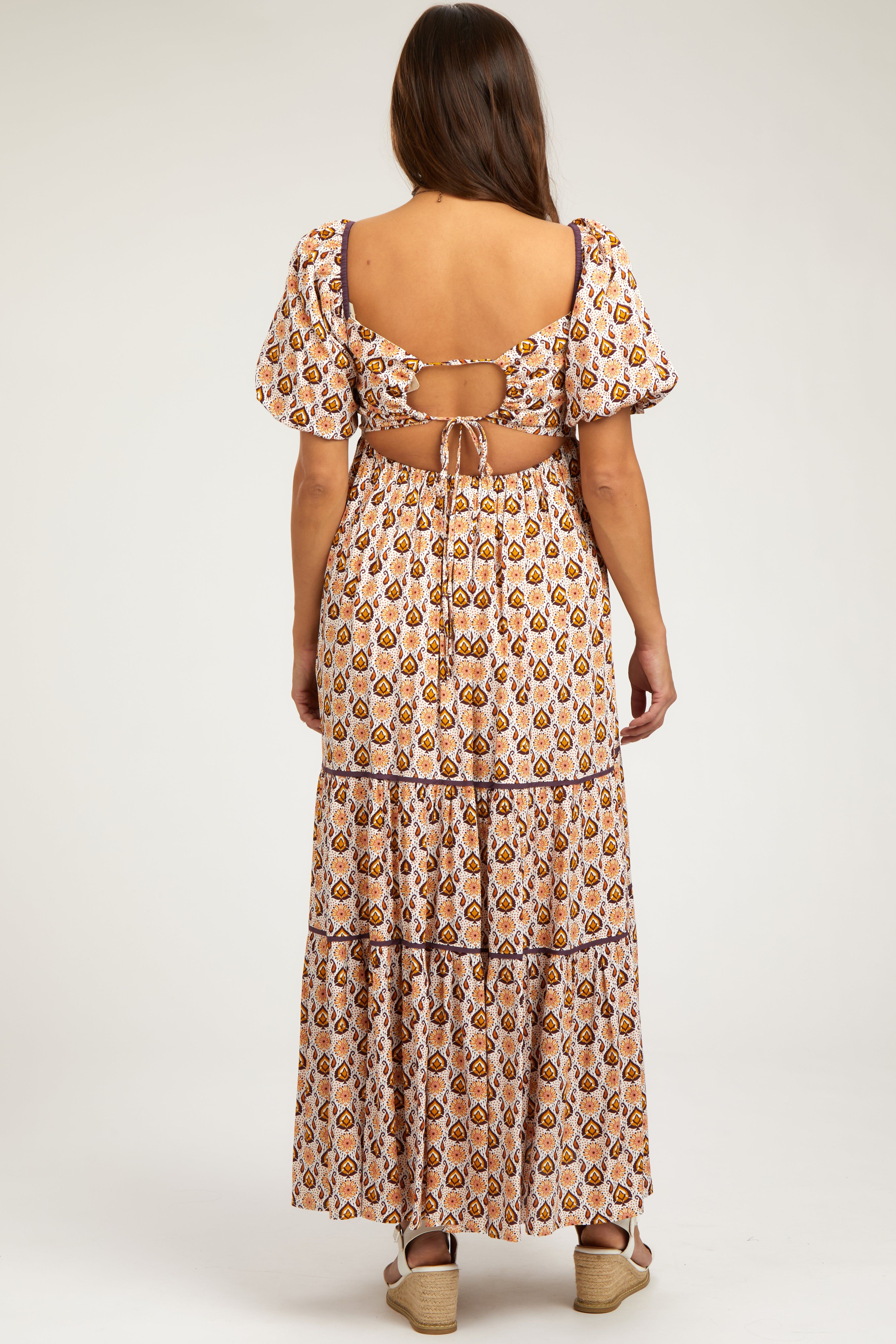 Brown Floral Print Puff Sleeve Maternity Maxi Dress sold by Pinkblush product image thumbnail 3
