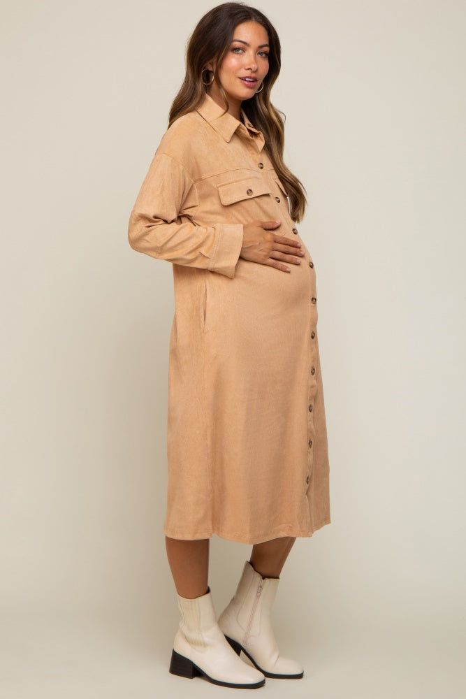 Camel Knit Corduroy Button Down Maternity Midi Dress sold by Pinkblush product image thumbnail 2
