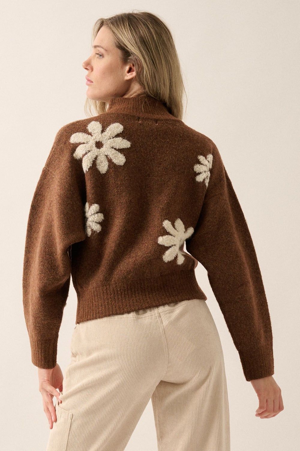 Brown Floral Collar Zip Up Front Sweater Jacket sold by Pinkblush product image thumbnail 3