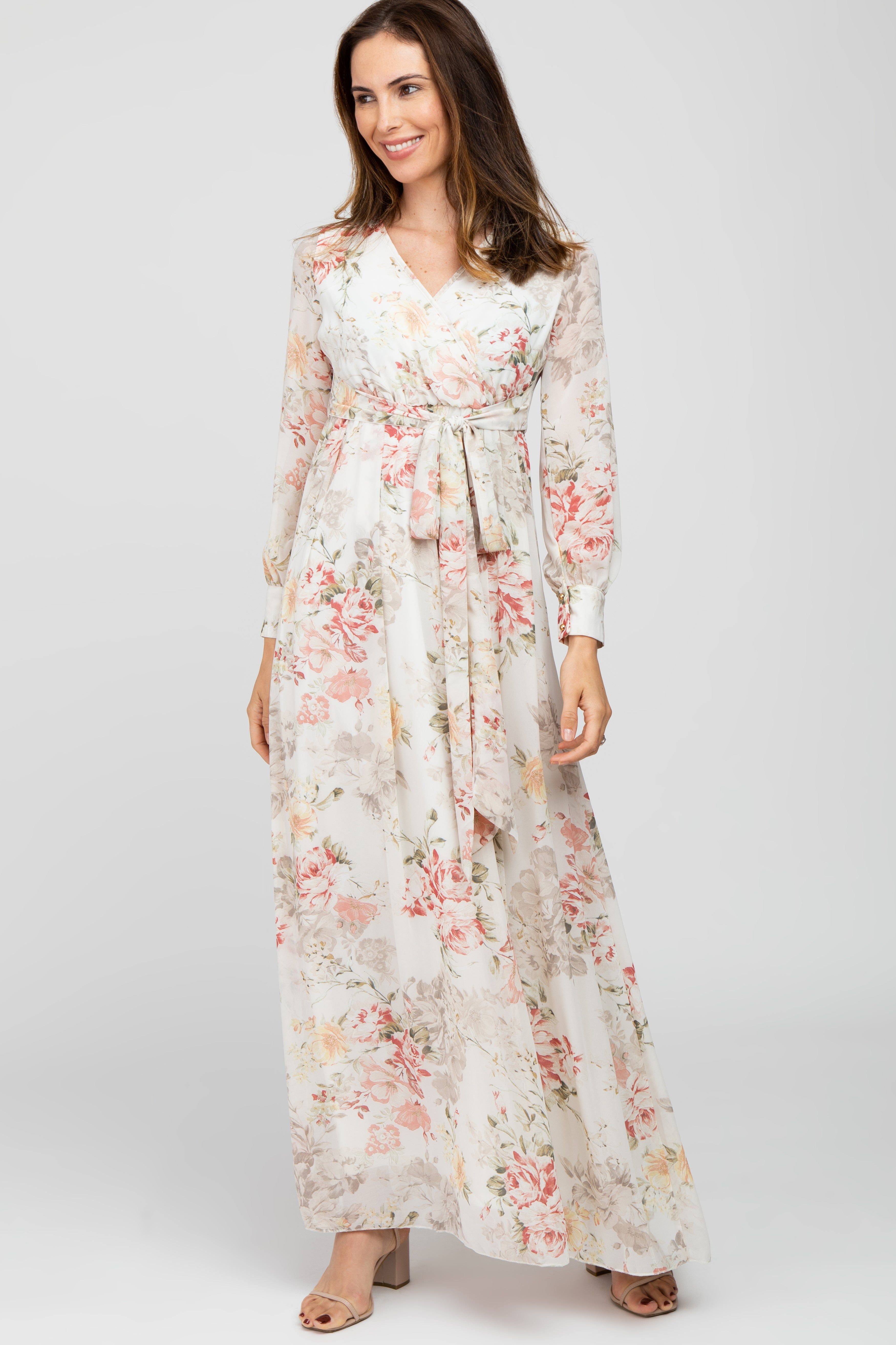 Ivory Floral Chiffon Maxi Dress sold by Pinkblush