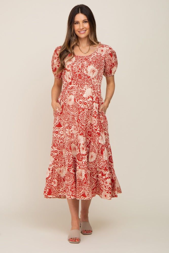 Rust Floral Tiered Maternity Midi Dress sold by Pinkblush product image thumbnail 4