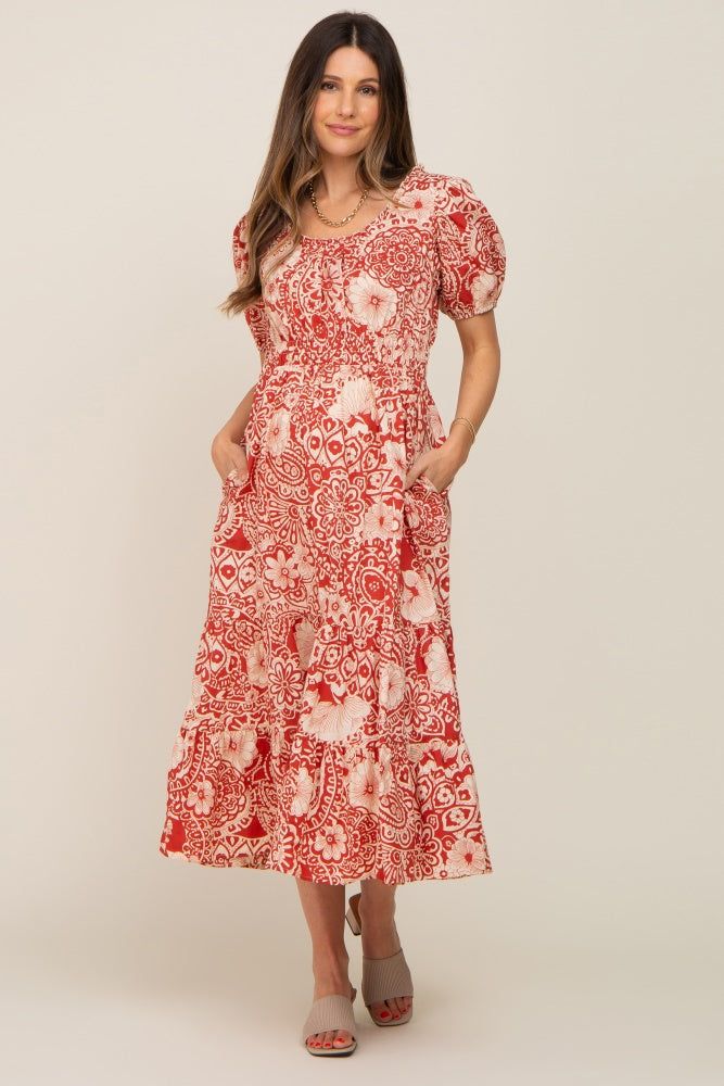 Rust Floral Tiered Maternity Midi Dress sold by Pinkblush