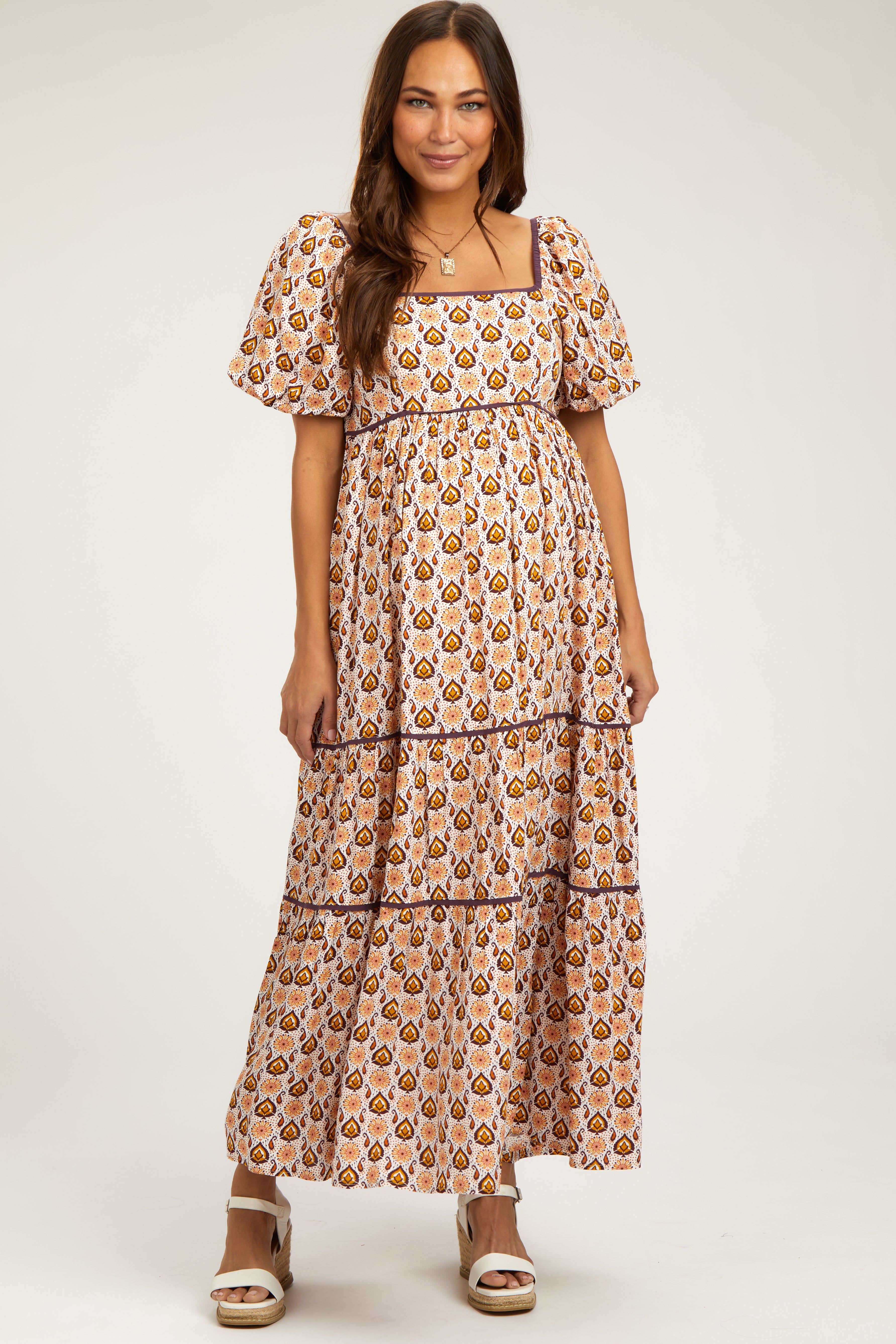 Brown Floral Print Puff Sleeve Maternity Maxi Dress sold by Pinkblush