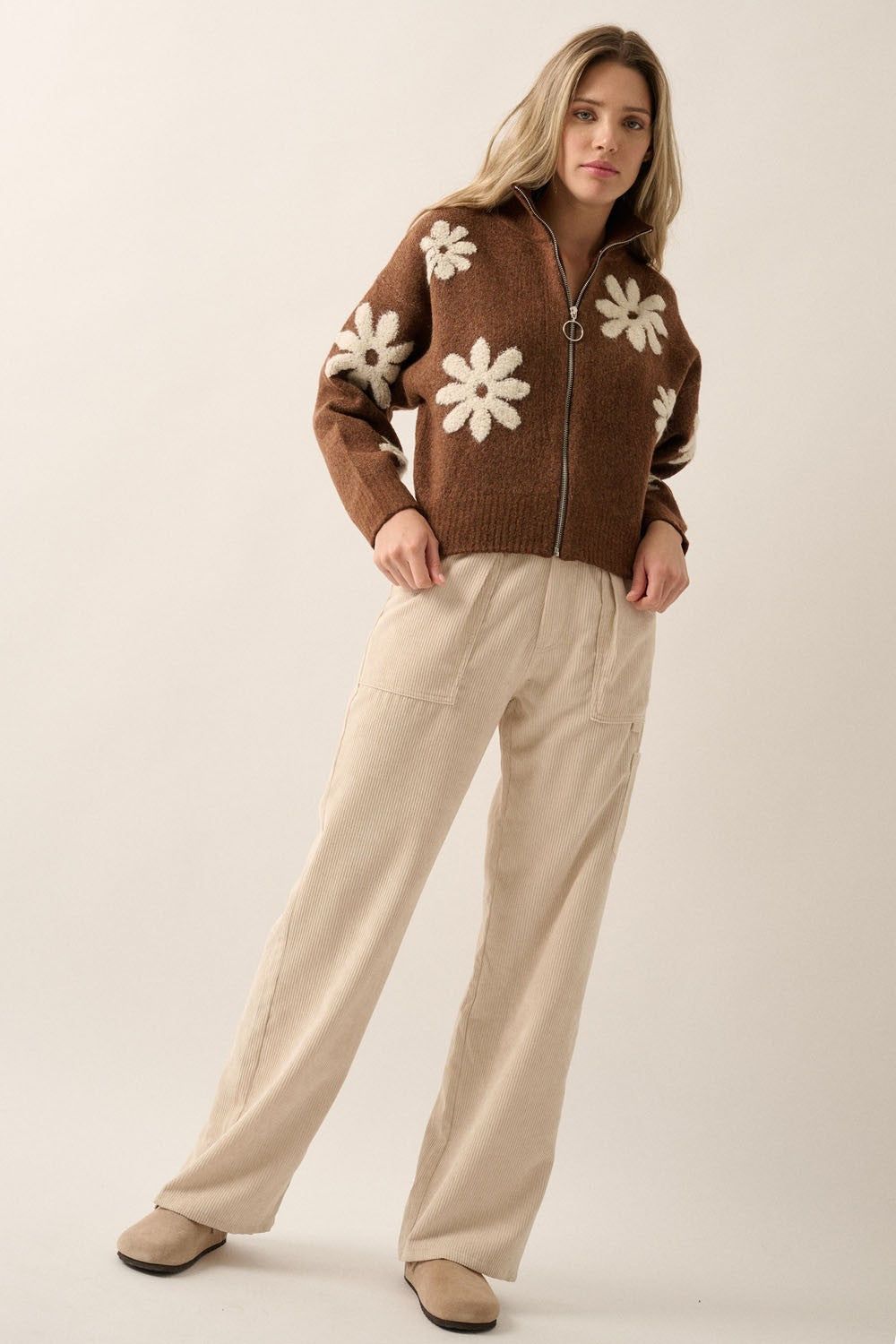 Brown Floral Collar Zip Up Front Sweater Jacket sold by Pinkblush product image thumbnail 4