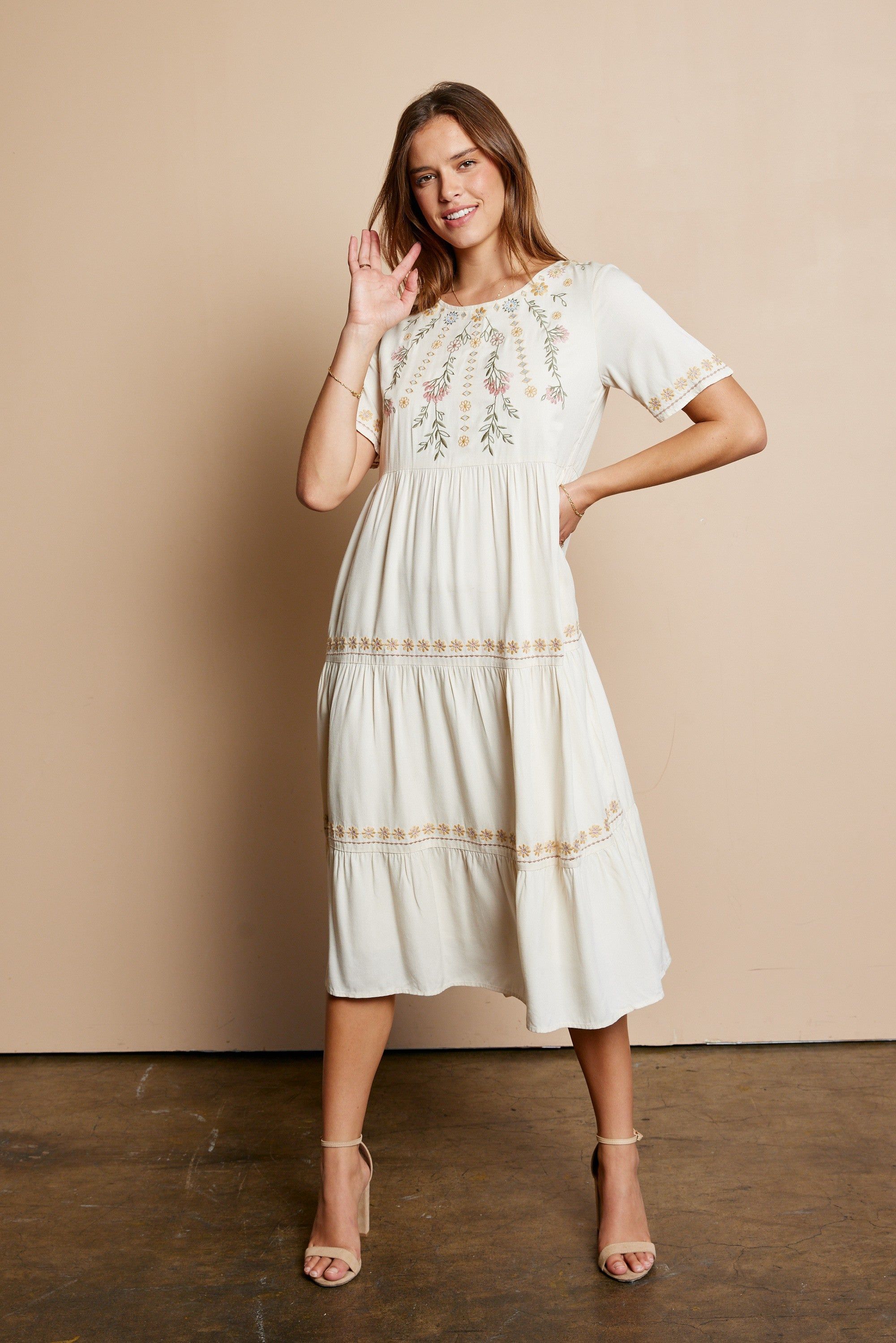 Cream Embroidered Tier Midi Dress sold by Pinkblush