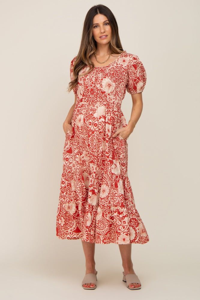 Rust Floral Tiered Maternity Midi Dress sold by Pinkblush product image thumbnail 5