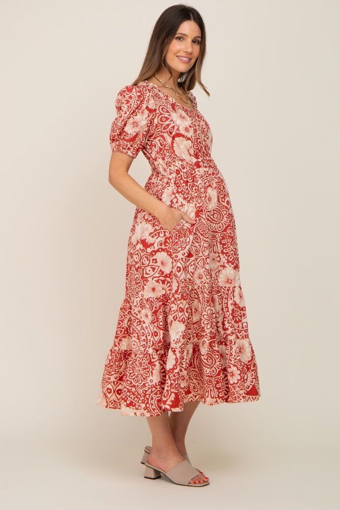 Rust Floral Tiered Maternity Midi Dress sold by Pinkblush product image thumbnail 2