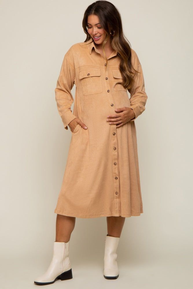 Camel Knit Corduroy Button Down Maternity Midi Dress sold by Pinkblush product image thumbnail 4