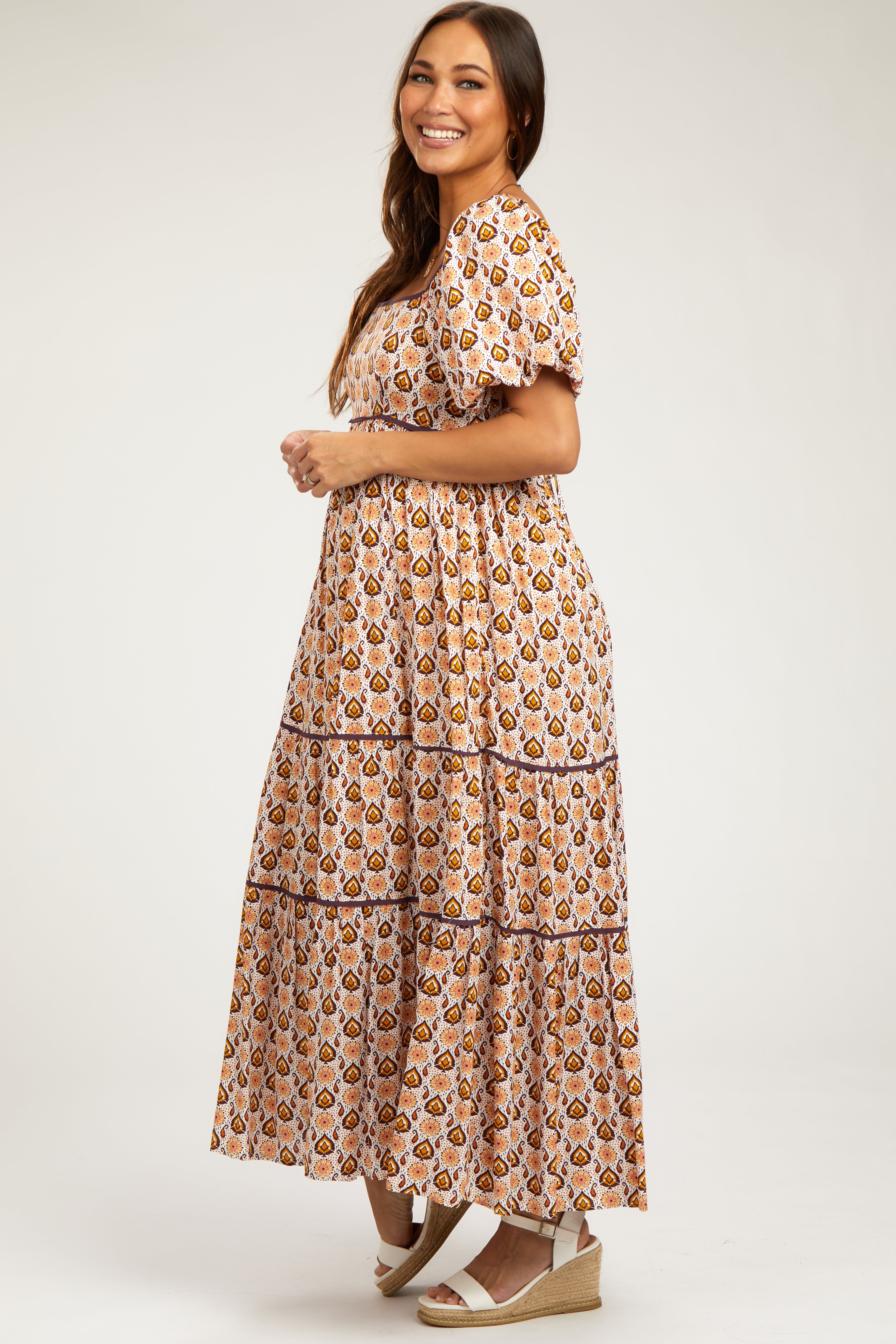 Brown Floral Print Puff Sleeve Maternity Maxi Dress sold by Pinkblush product image thumbnail 2