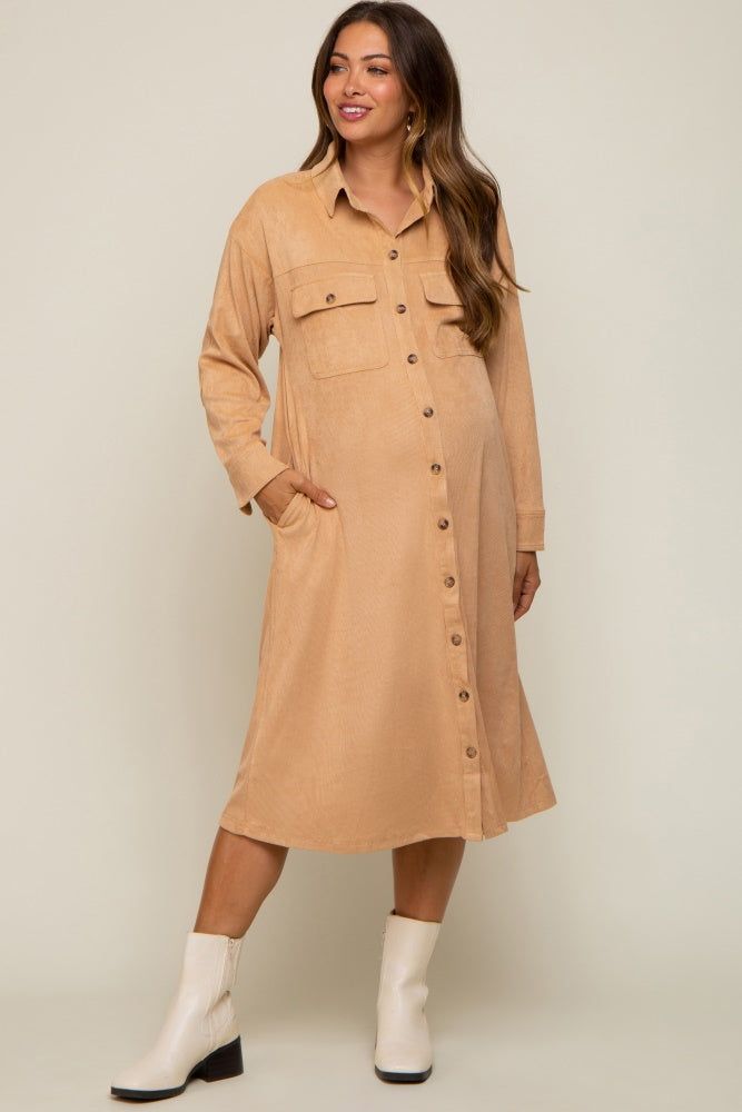 Camel Knit Corduroy Button Down Maternity Midi Dress sold by Pinkblush