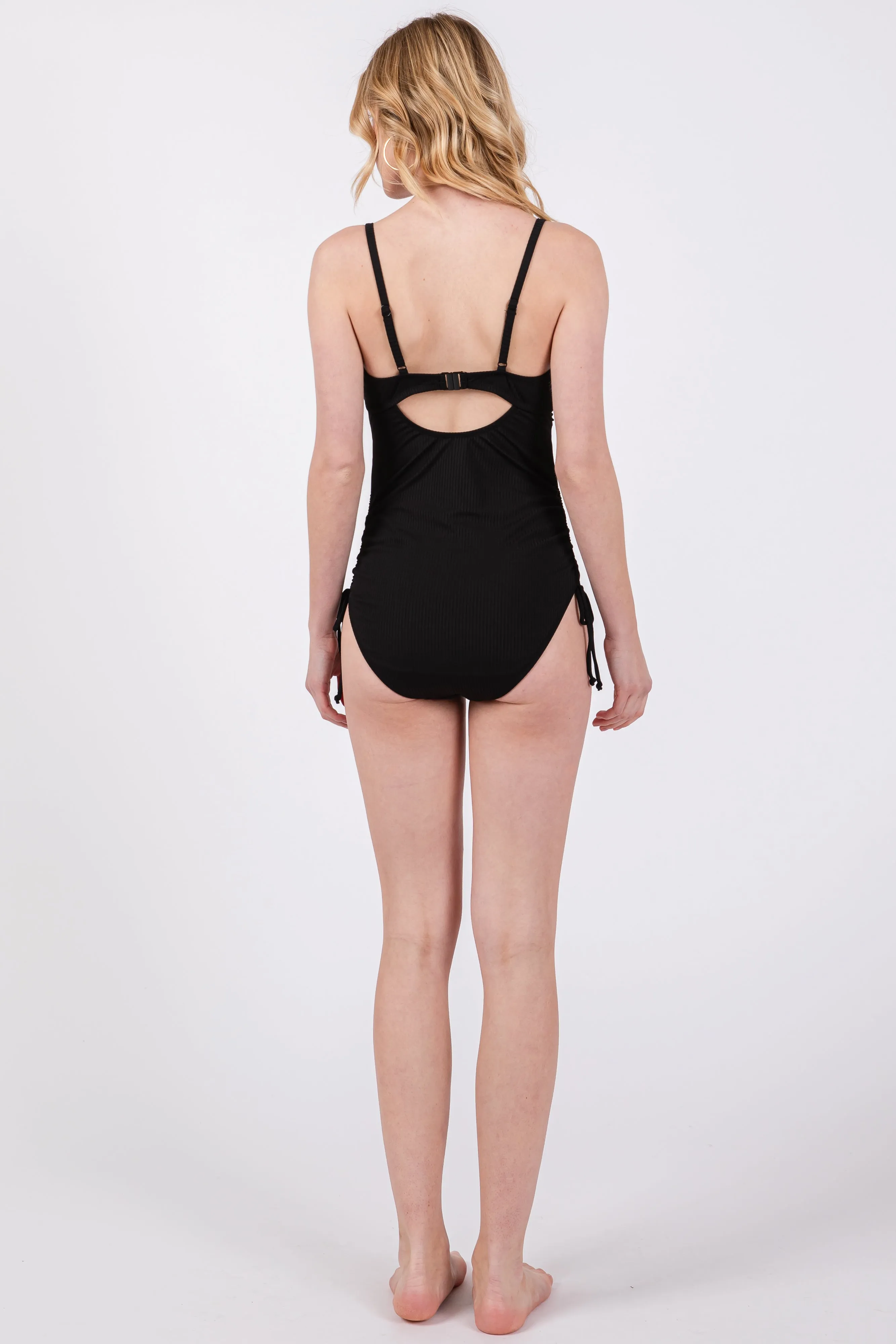 Black Ribbed Wrap Front Drawstring Side One-Piece Swimsuit sold by Pinkblush product image thumbnail 4